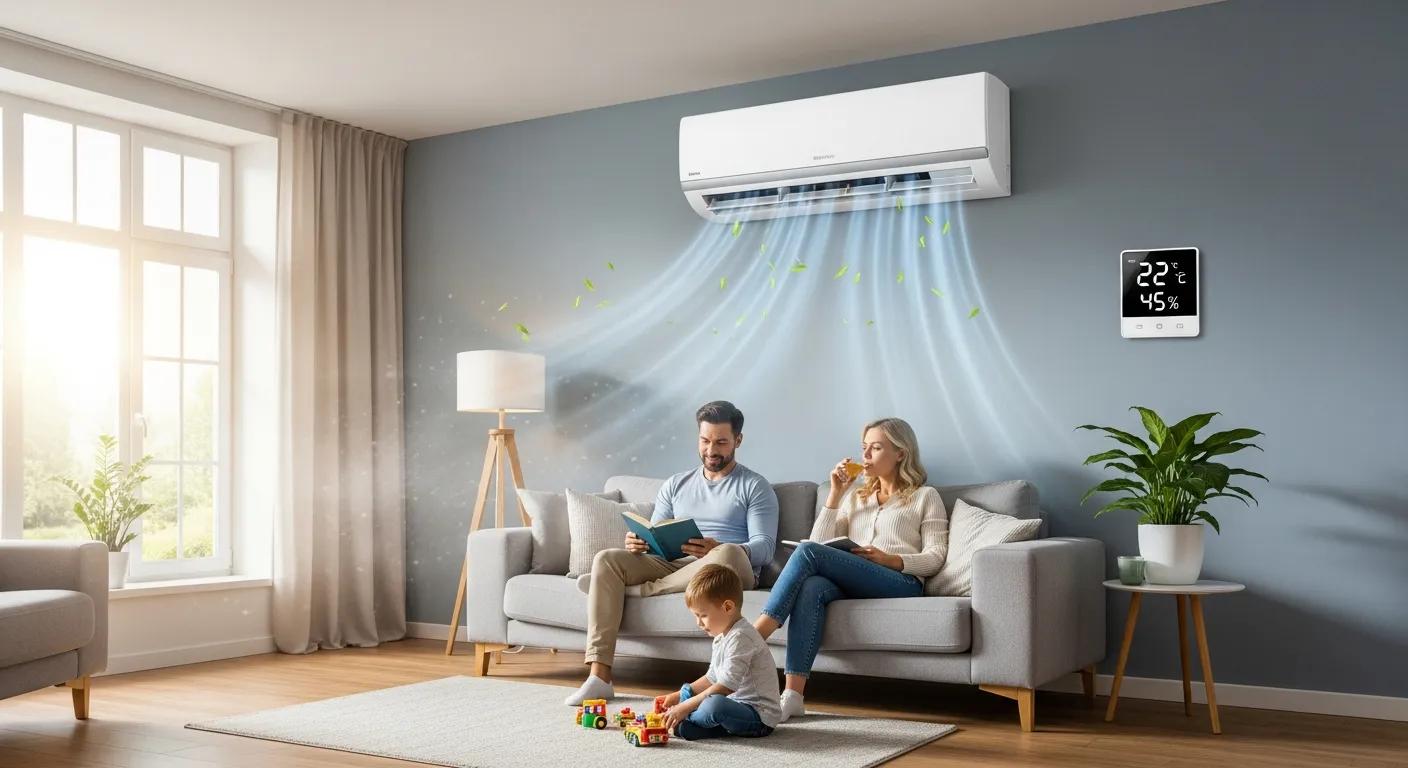 Home air conditioner in a living room, showing indoor comfort and humidity control