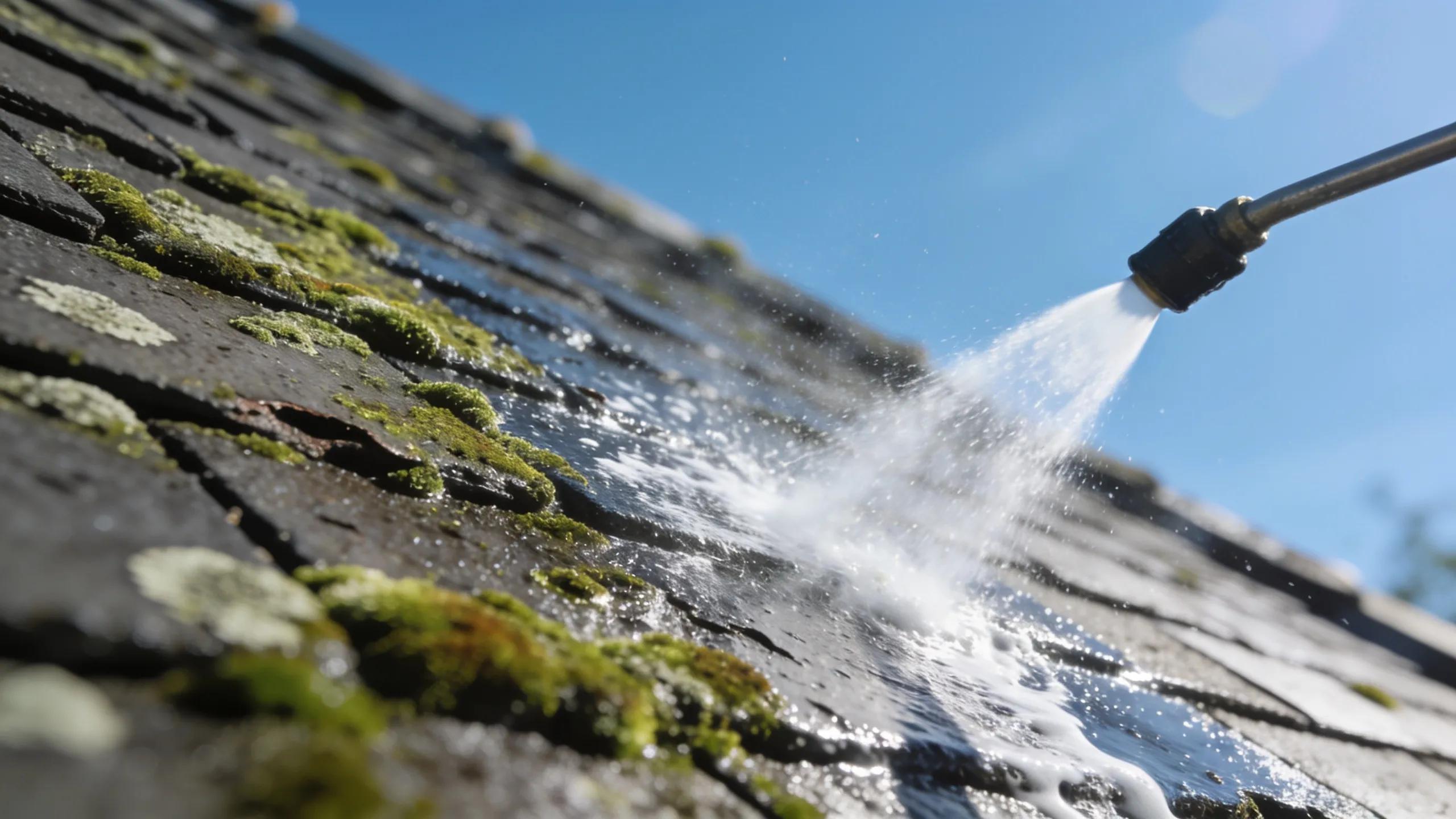 Close-up of a roof being cleaned with soft washing, showcasing algae removal and gentle water spray