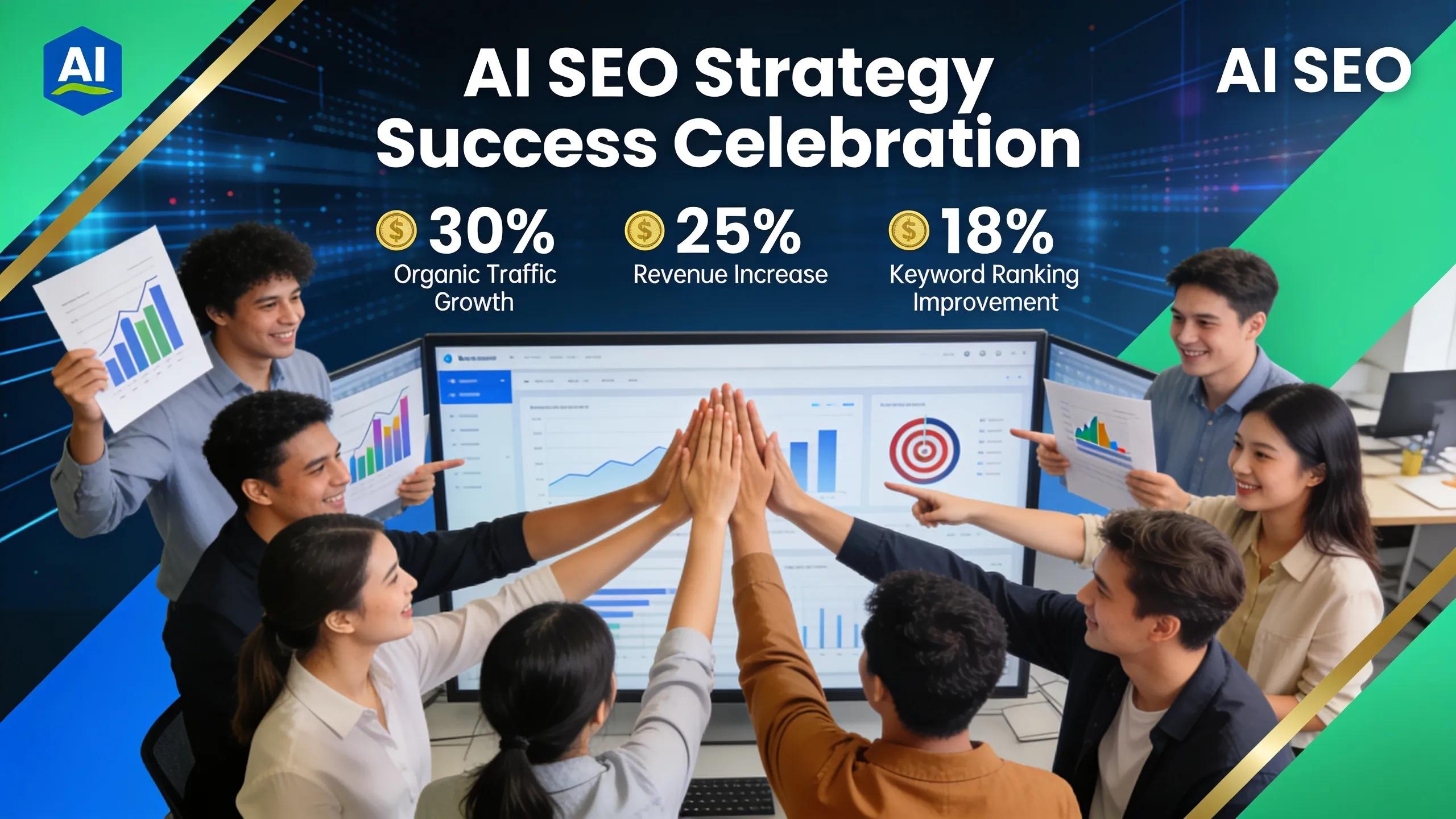 Team celebrating proven results from AI SEO strategies with successful growth displays Team celebrating proven results from AI SEO strategies with successful growth displays