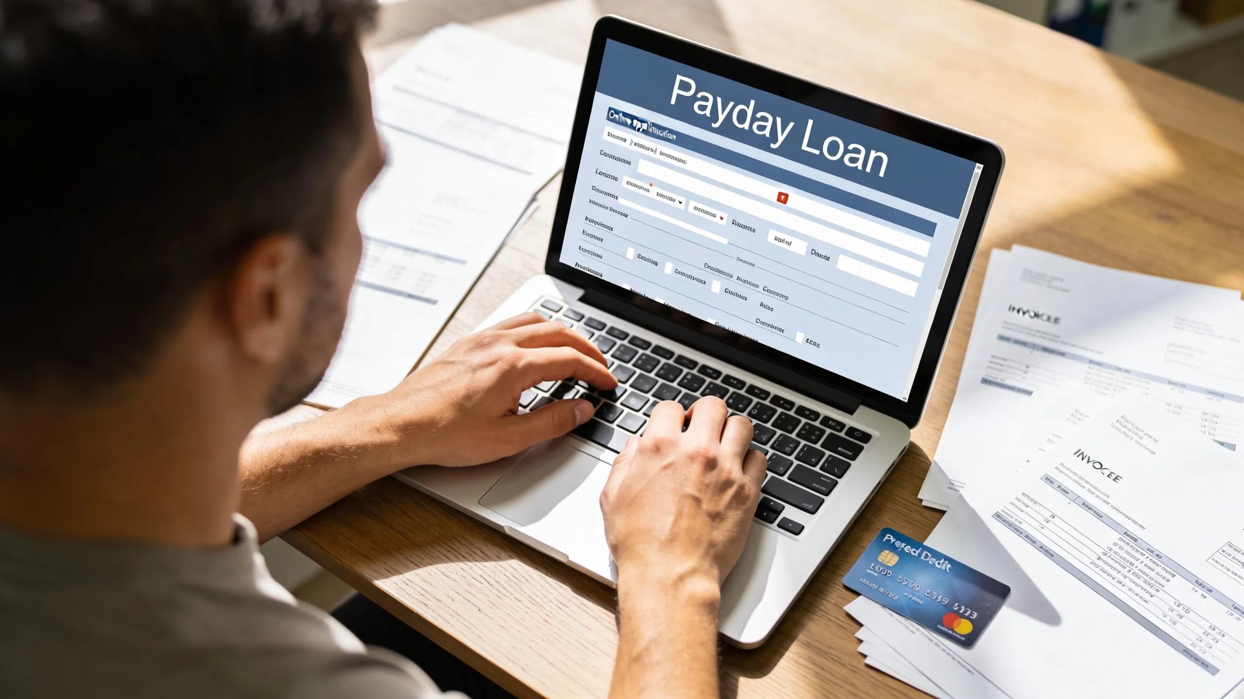 Individual completing an online payday loan application using a prepaid debit card, depicting the application process