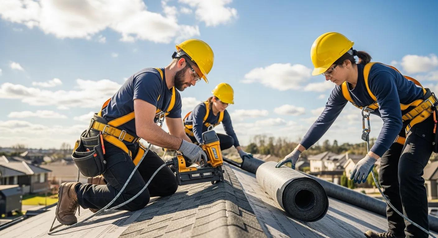 Workers practicing safety during roof installation with helmets and harnesses