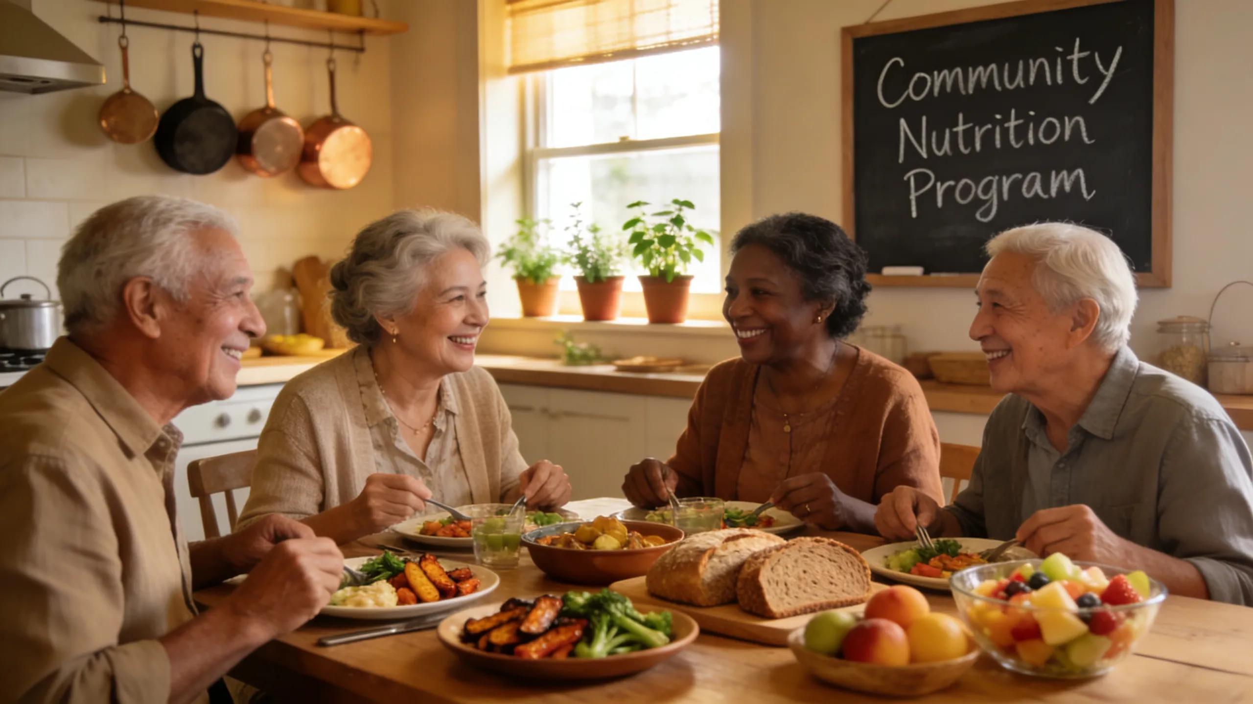 Seniors sharing a nutritious meal in a community kitchen environment, highlighting nutrition programs for seniors