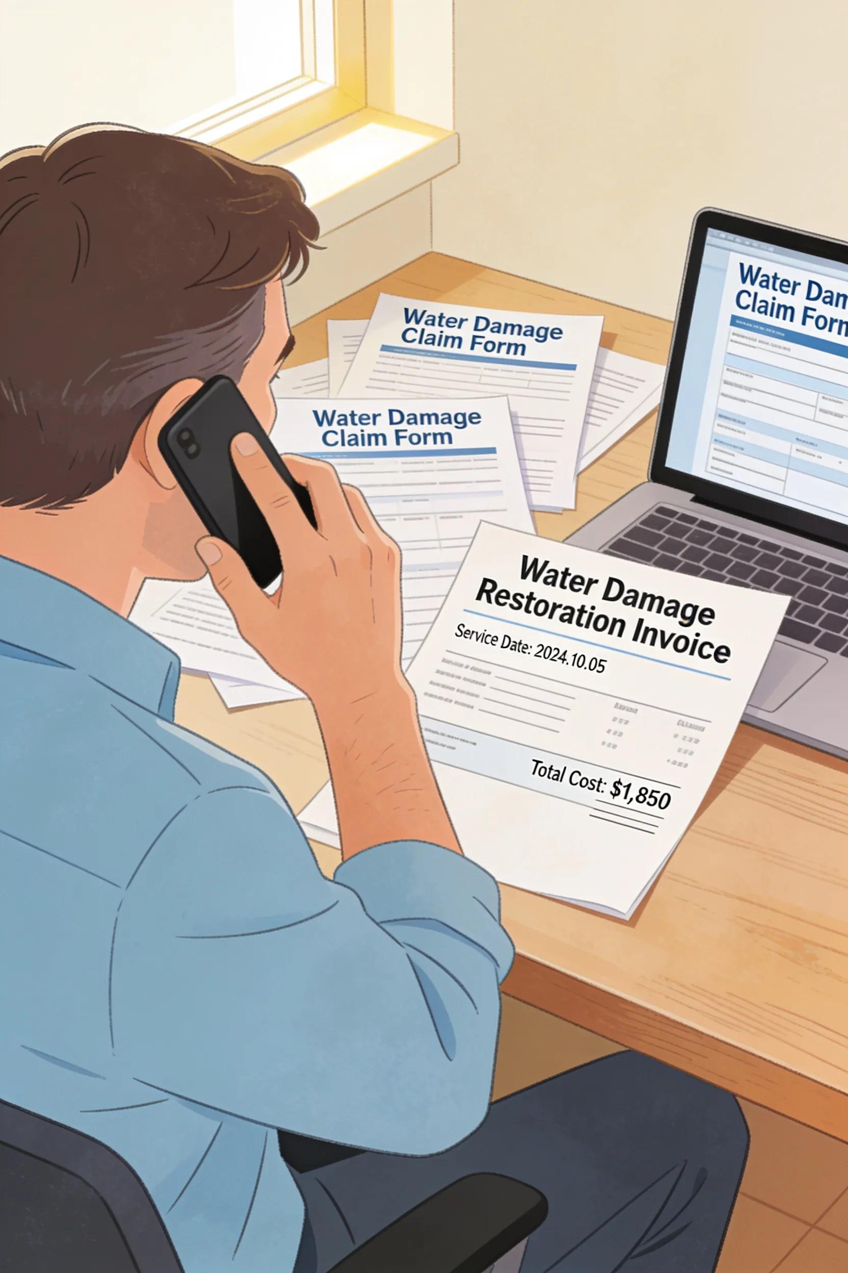 Homeowner discussing the water damage insurance claim process with their insurance provider