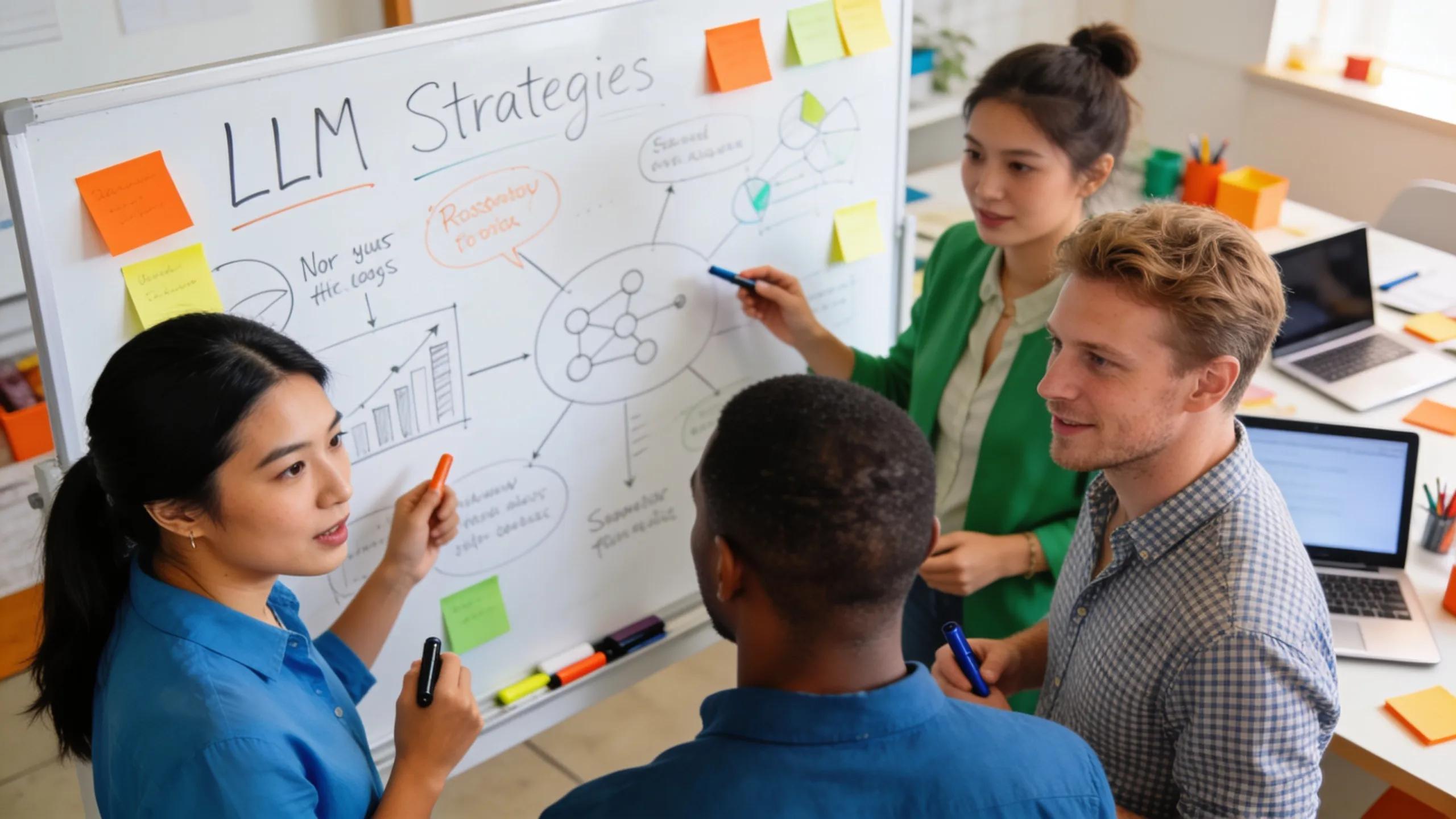 Diverse marketing team discussing LLM strategies in a collaborative brainstorming session Diverse marketing team discussing LLM strategies in a collaborative brainstorming session
