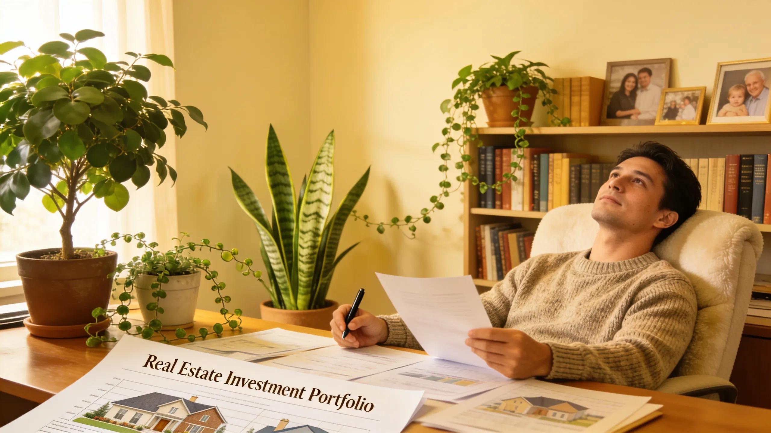 Investor reviewing syndication documents in a home office