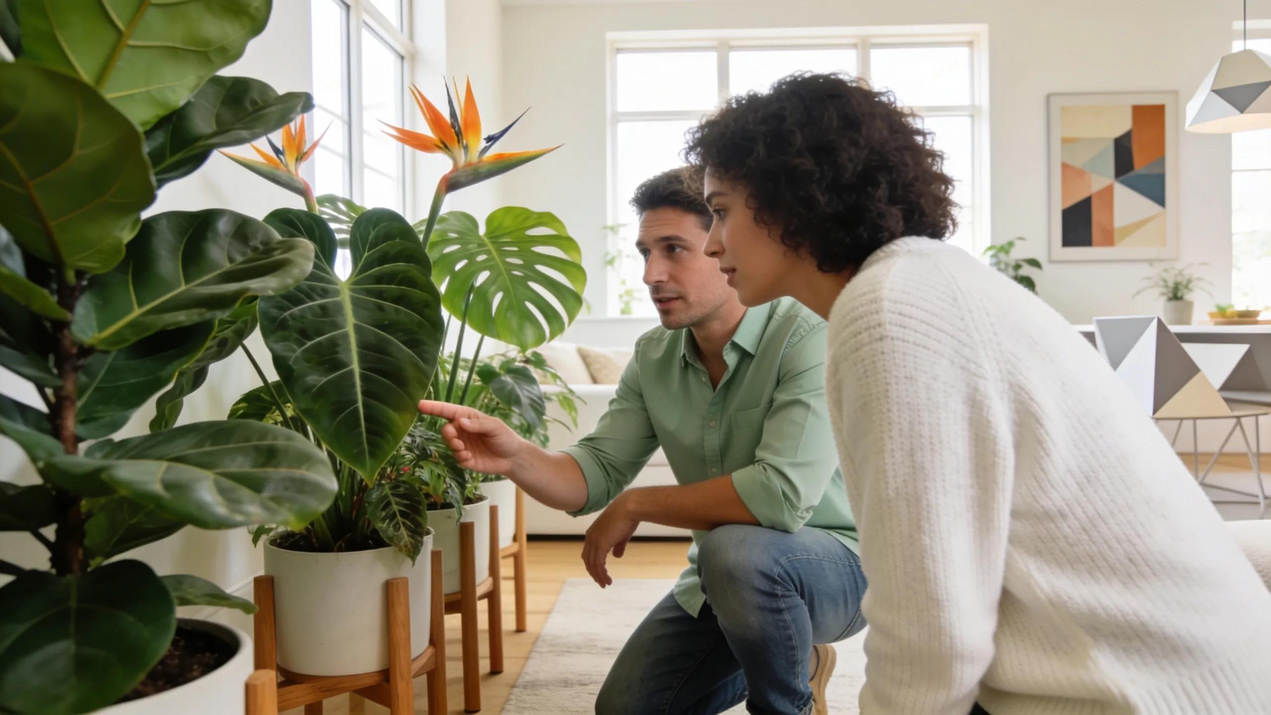Plant consultant advising a client on large indoor plant selection in a bright home setting