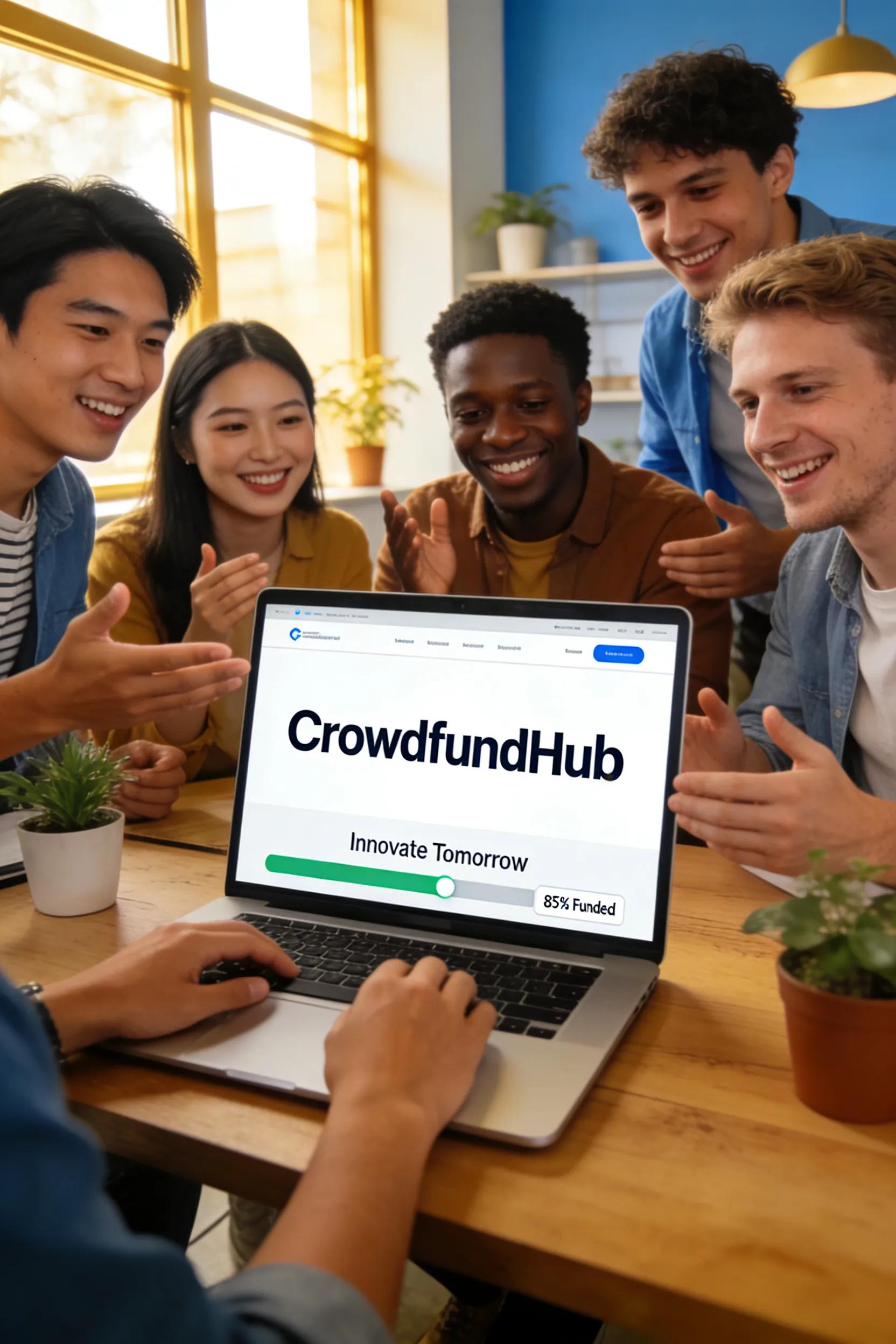Young entrepreneurs discussing crowdfunding platform features and strategies together