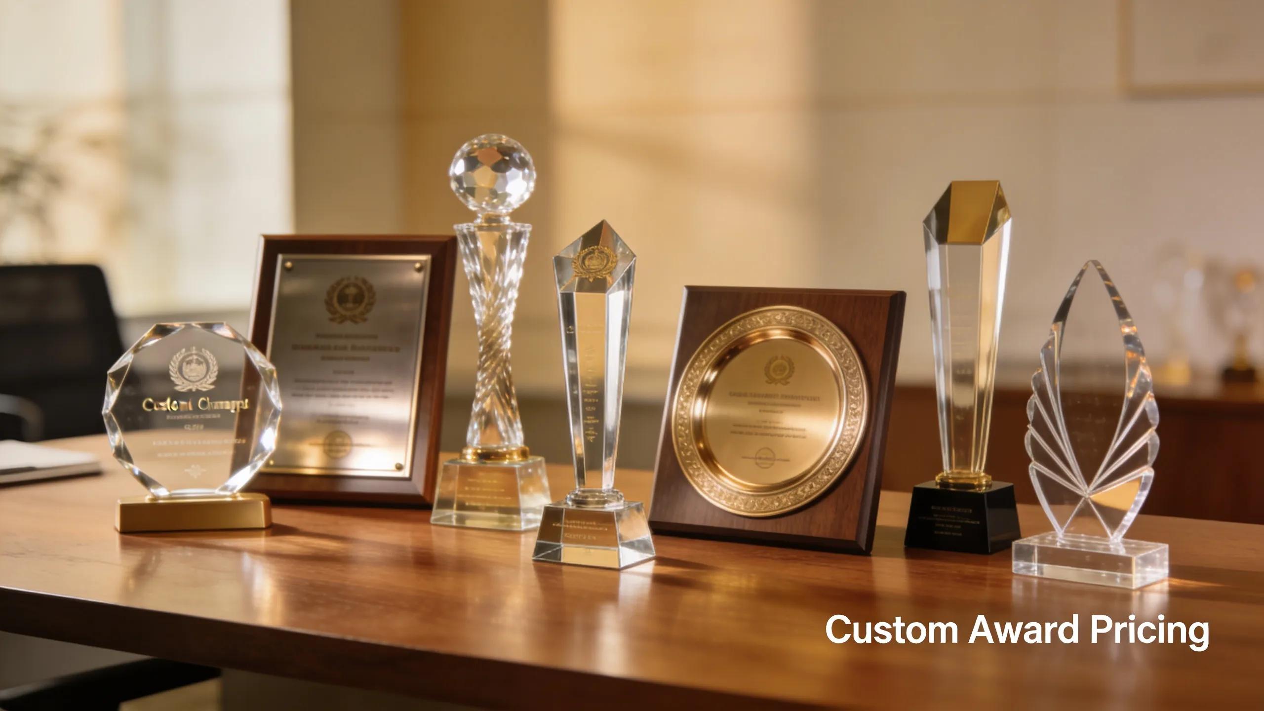 Collection of custom trophies and plaques highlighting various materials and designs central to award pricing