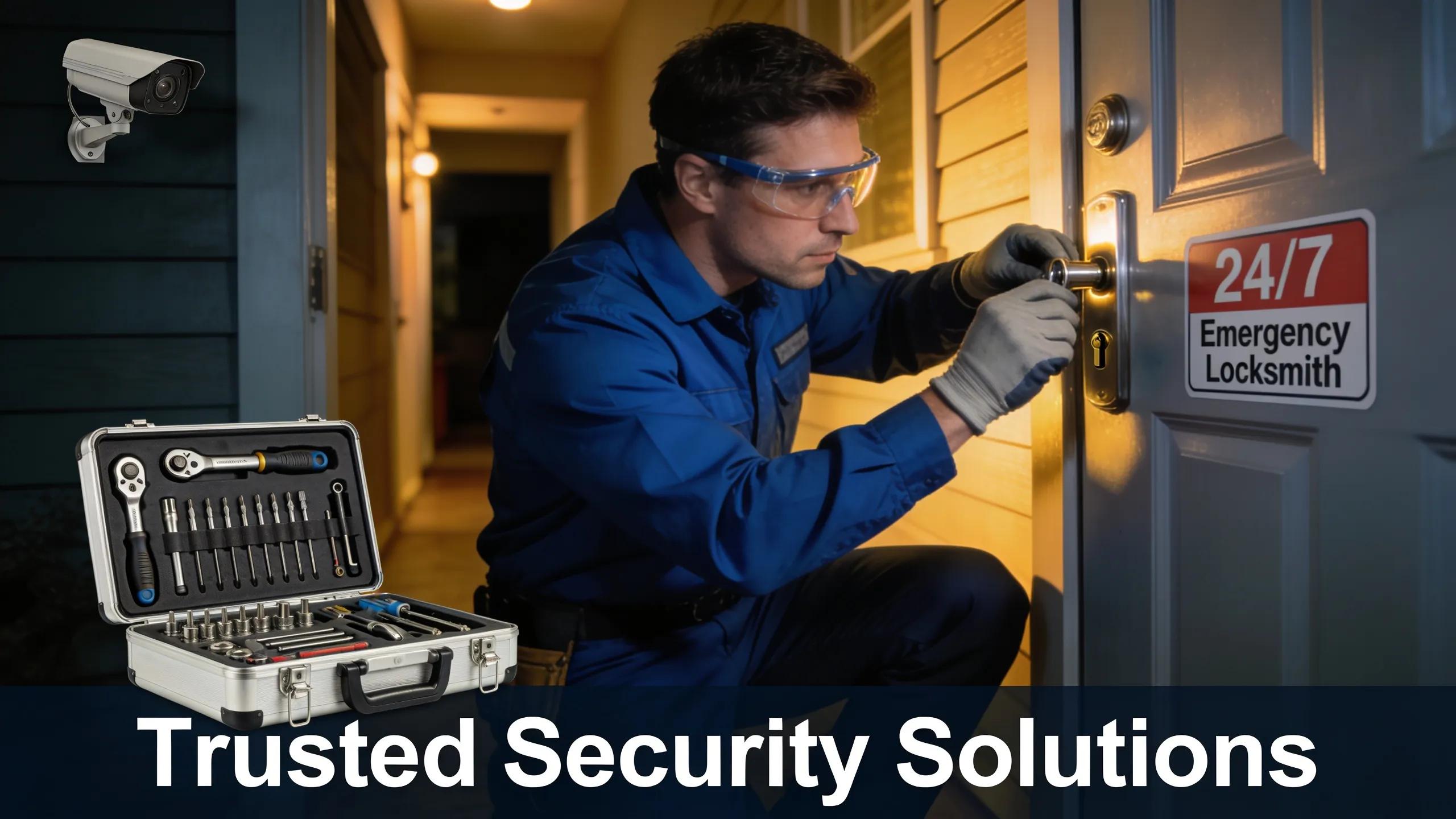 Professional locksmith working on a door lock, emphasizing security services