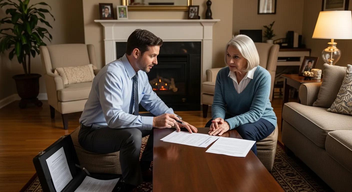 Public insurance adjuster consulting with a homeowner in a cozy living room