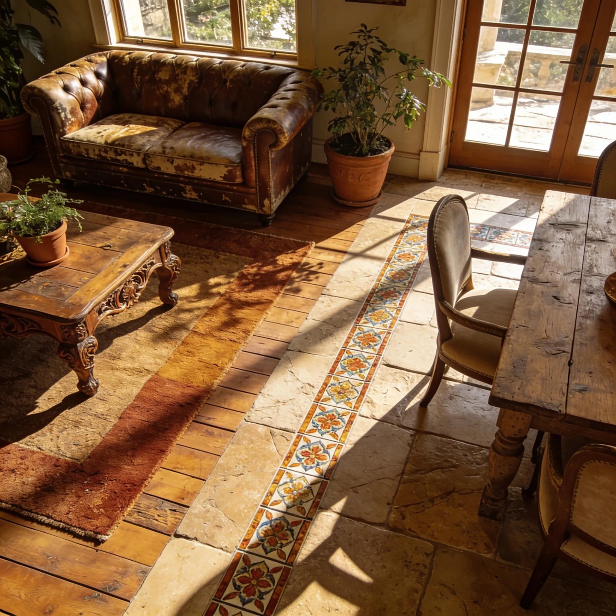 A mix of wood, tile, and stone floors in a warm, lived-in living room