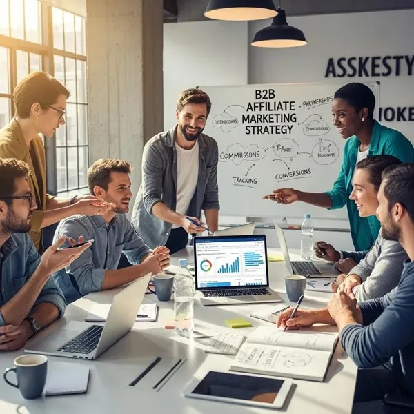 Marketing team collaborating over data analytics in a modern office environment