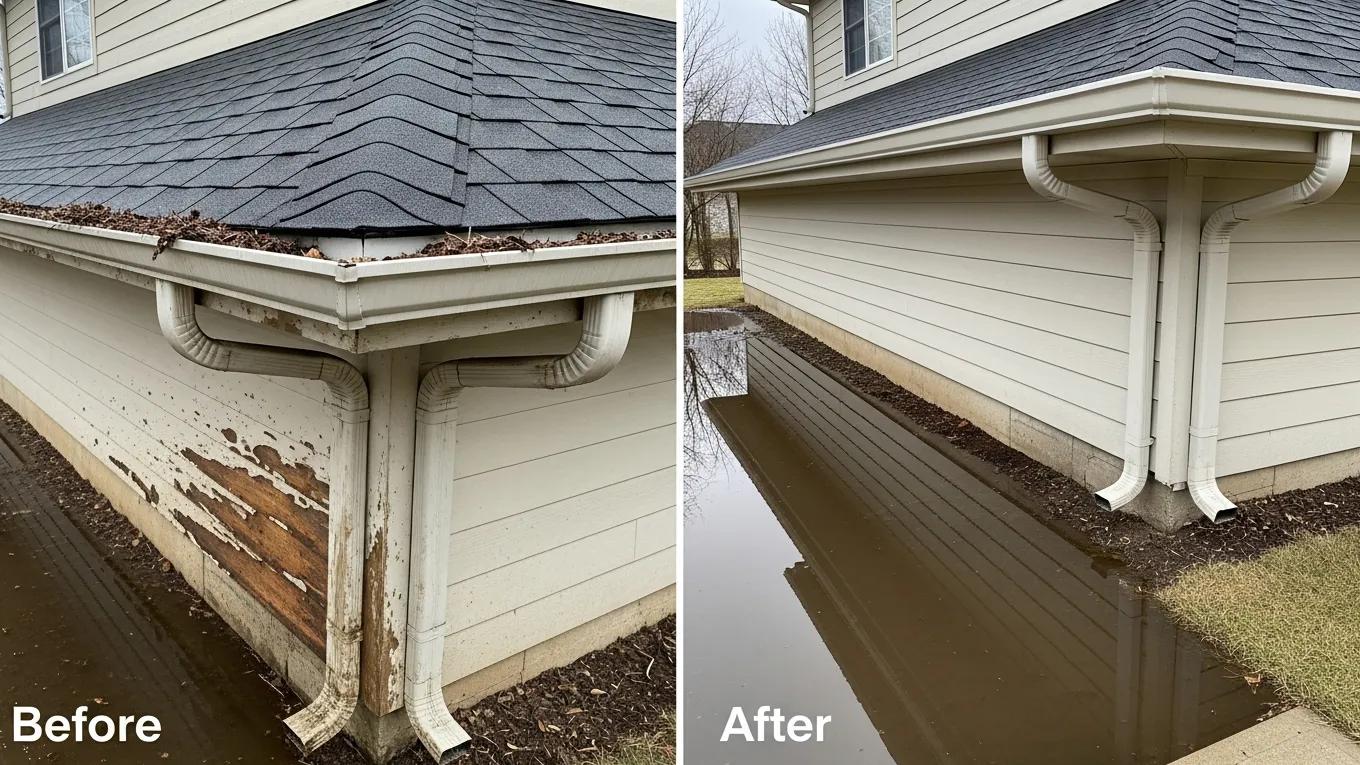 A consequence photo — either sagging gutters, water-damaged fascia, or foundation water pooling. The strongest option is a before/after showing what neglected gutters eventually cause vs. a clean, properly functioning system.