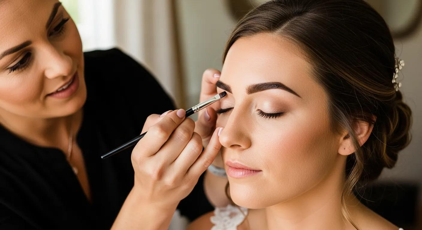 Beauty professional applying brow tint to a bride, showcasing the tinting process