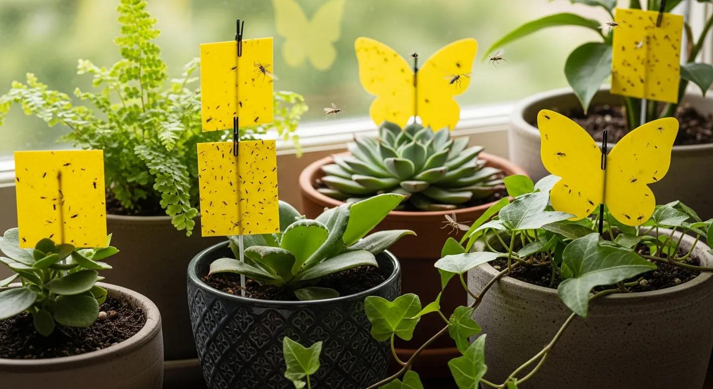 Sticky traps placed at pot level and among foliage to catch flying pests