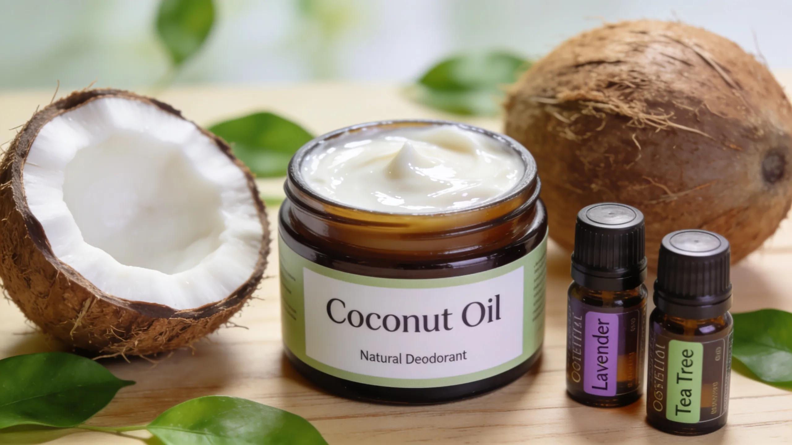 Natural deodorant with coconut oil and essential oils, highlighting skin benefits and fragrance