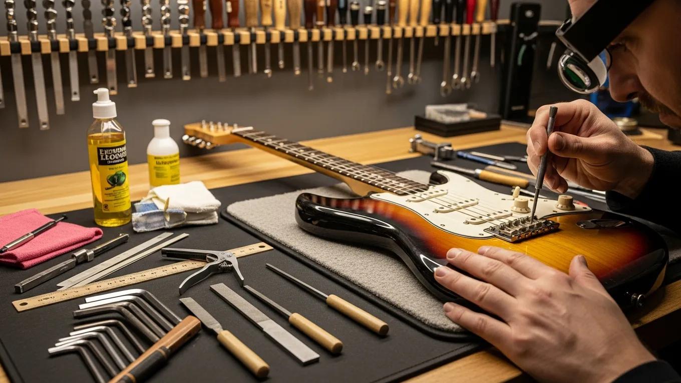 Guitar setup process highlighting the importance of professional maintenance for optimal performance