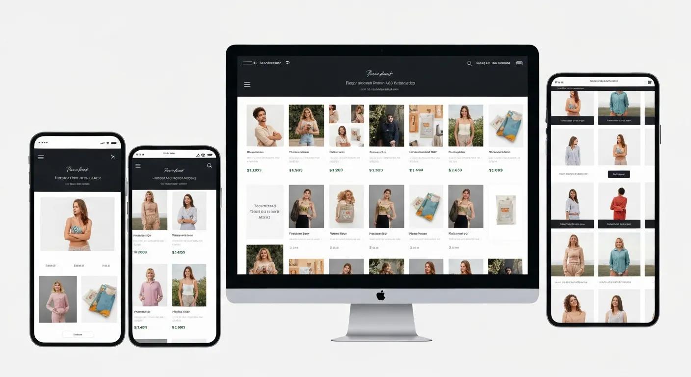 Responsive e-commerce layouts shown on phone, tablet, and desktop Responsive e-commerce layouts shown on phone, tablet, and desktop