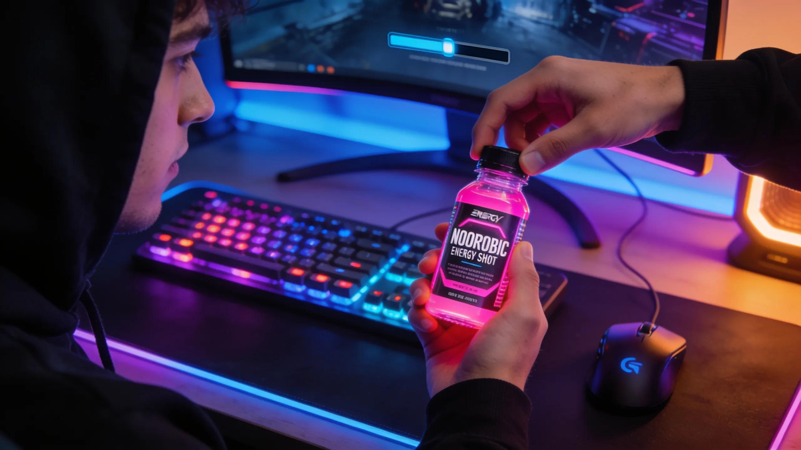 Gamer preparing to consume nootropic energy shots for peak performance during gameplay