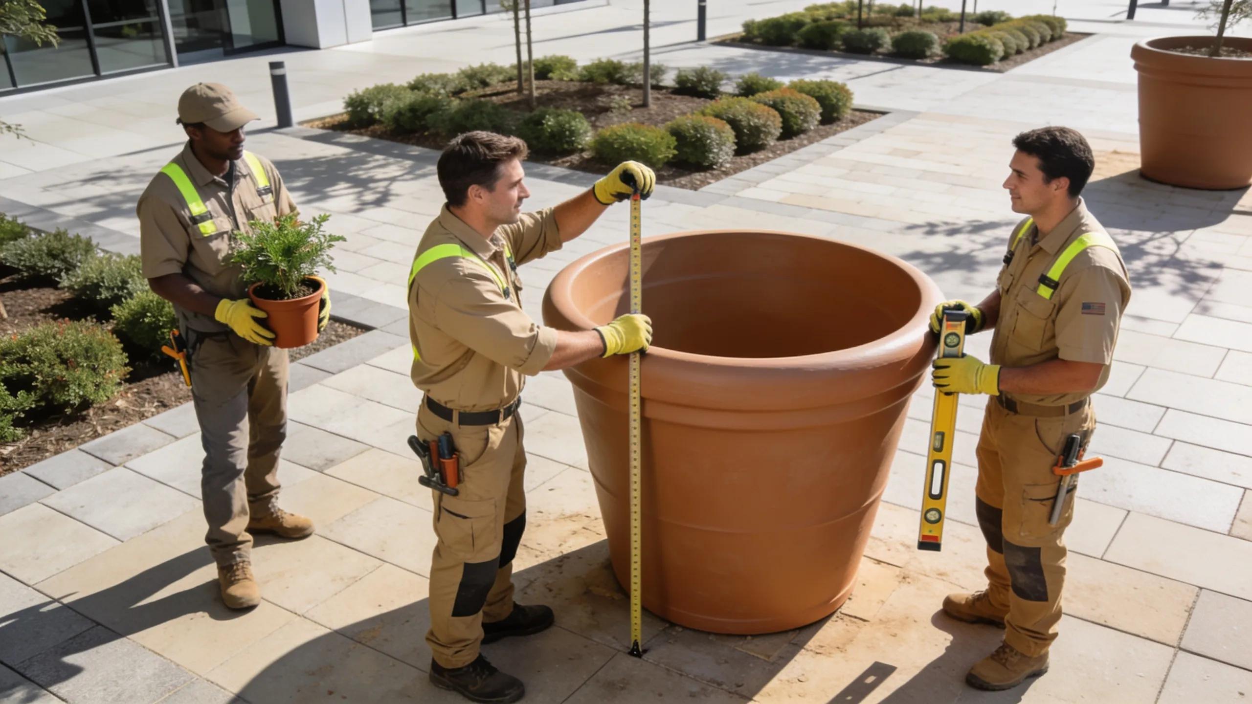 Landscape professionals installing fiberglass planters in a commercial environment