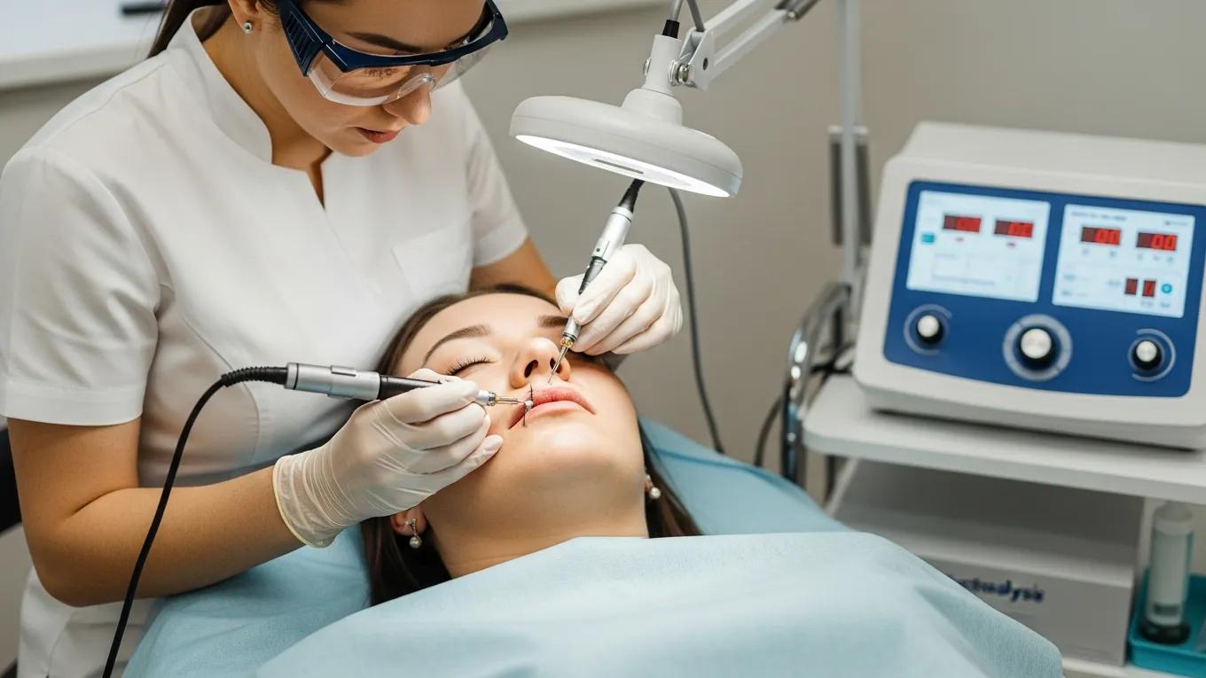 Technician performing electrolysis on a transgender client, showcasing the treatment process