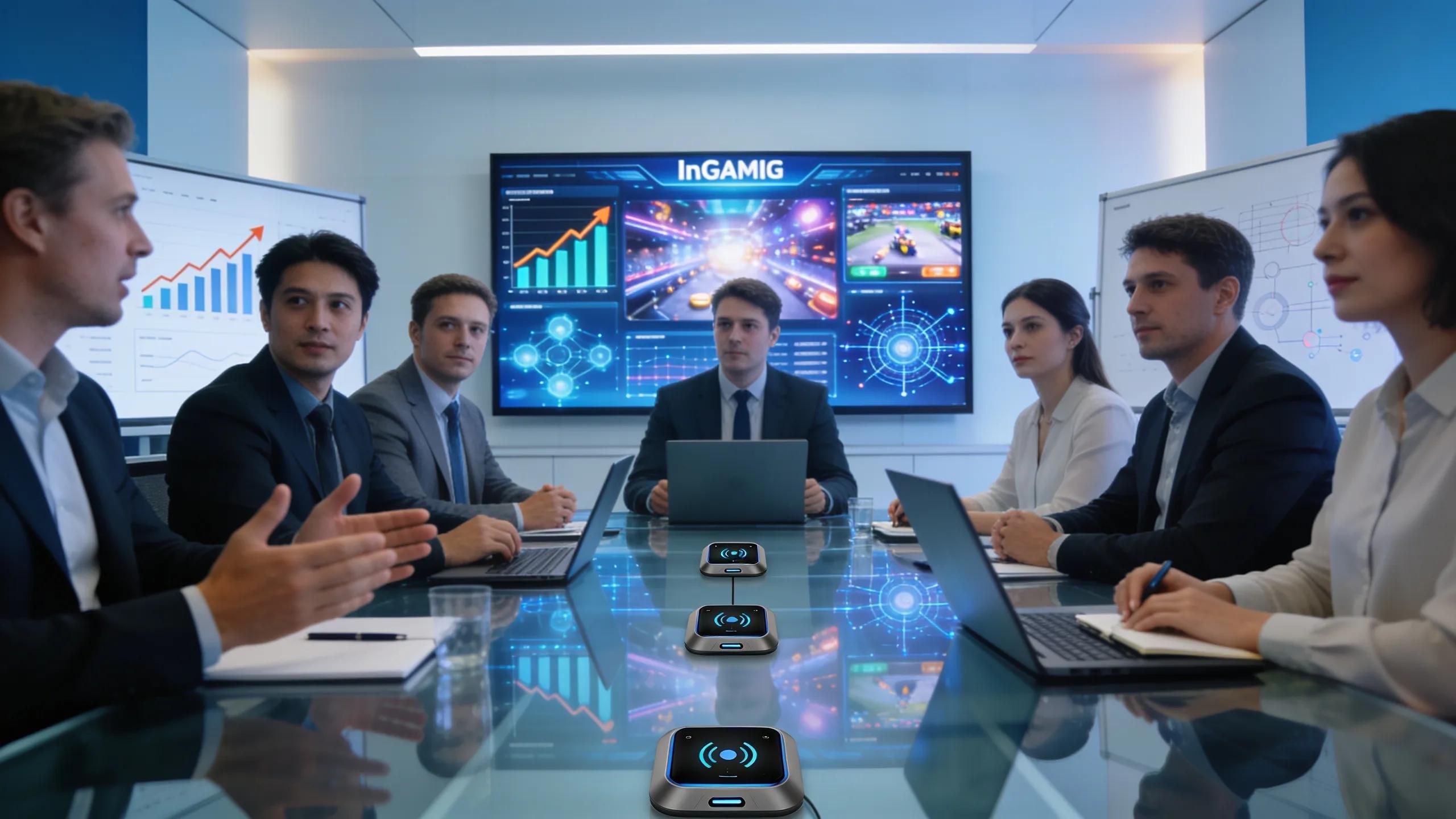 Team of professionals collaborating on AI-driven SEO strategies in a modern conference room