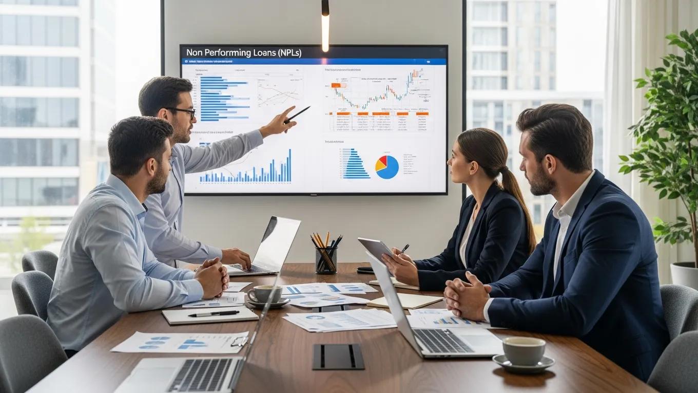 Financial managers collaborating on strategies for managing non-performing loans in a modern office setting.