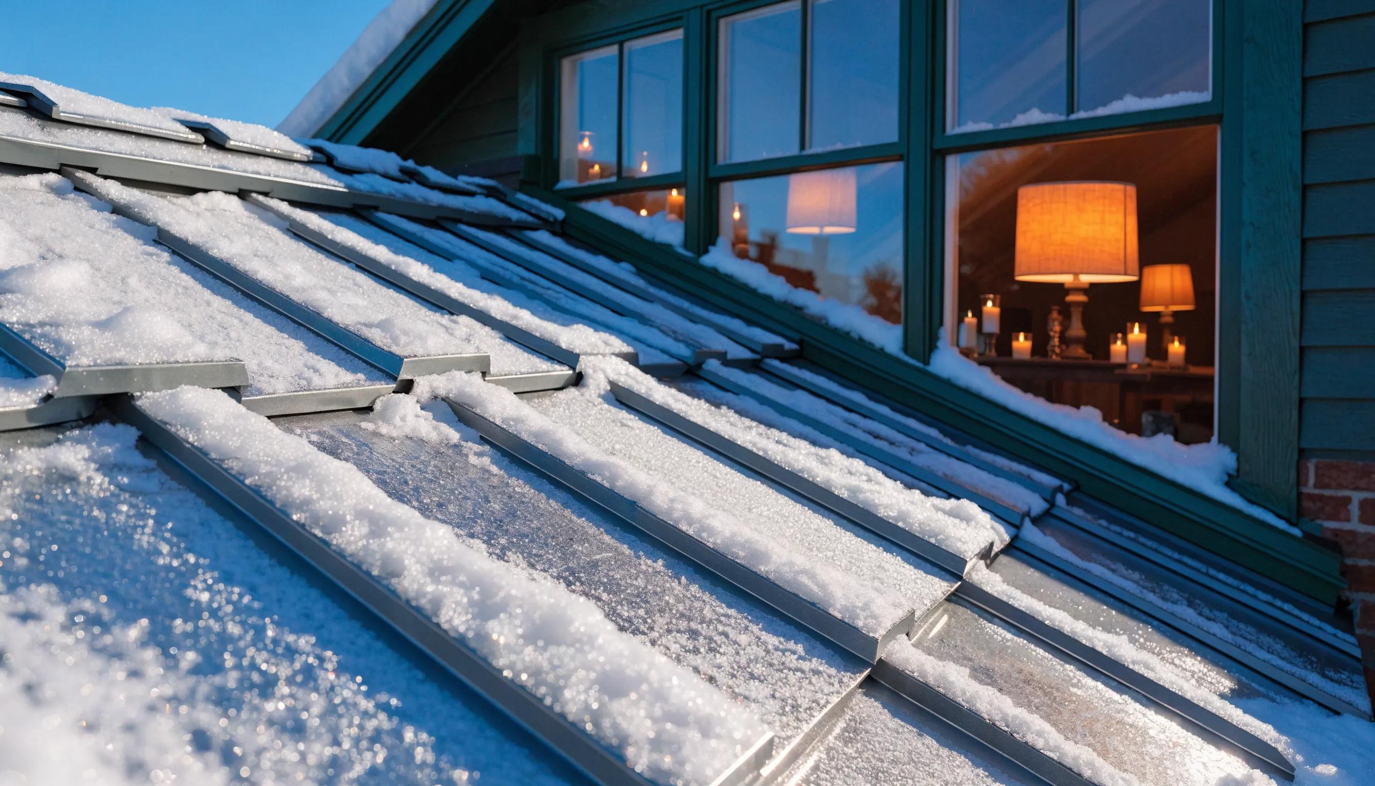 Close-up of energy-efficient standing seam metal roofing reflecting sunlight, emphasizing insulation properties