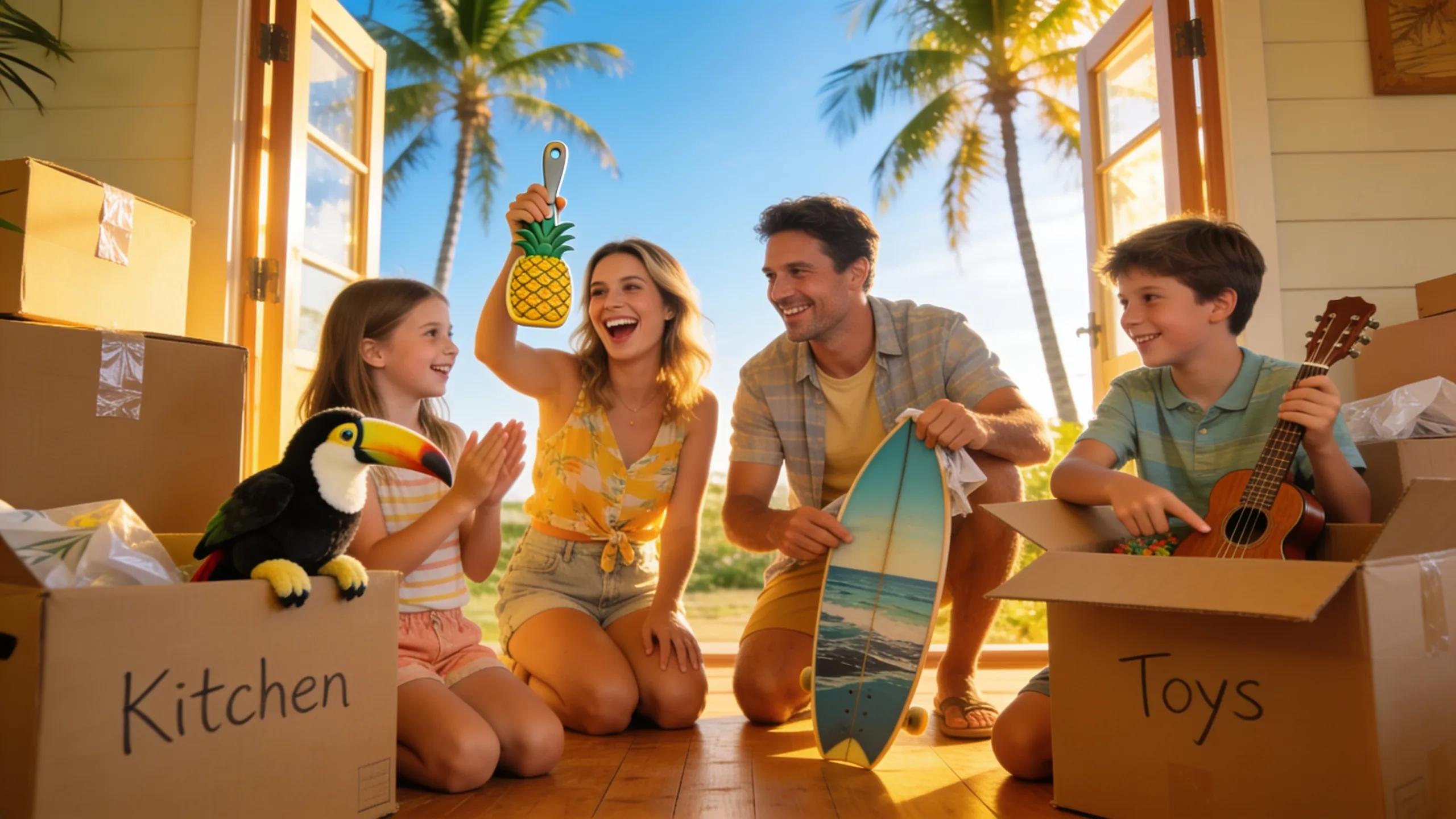 Family unpacking in their new Hawaiian home, illustrating the cheerful experience of moving and settling in