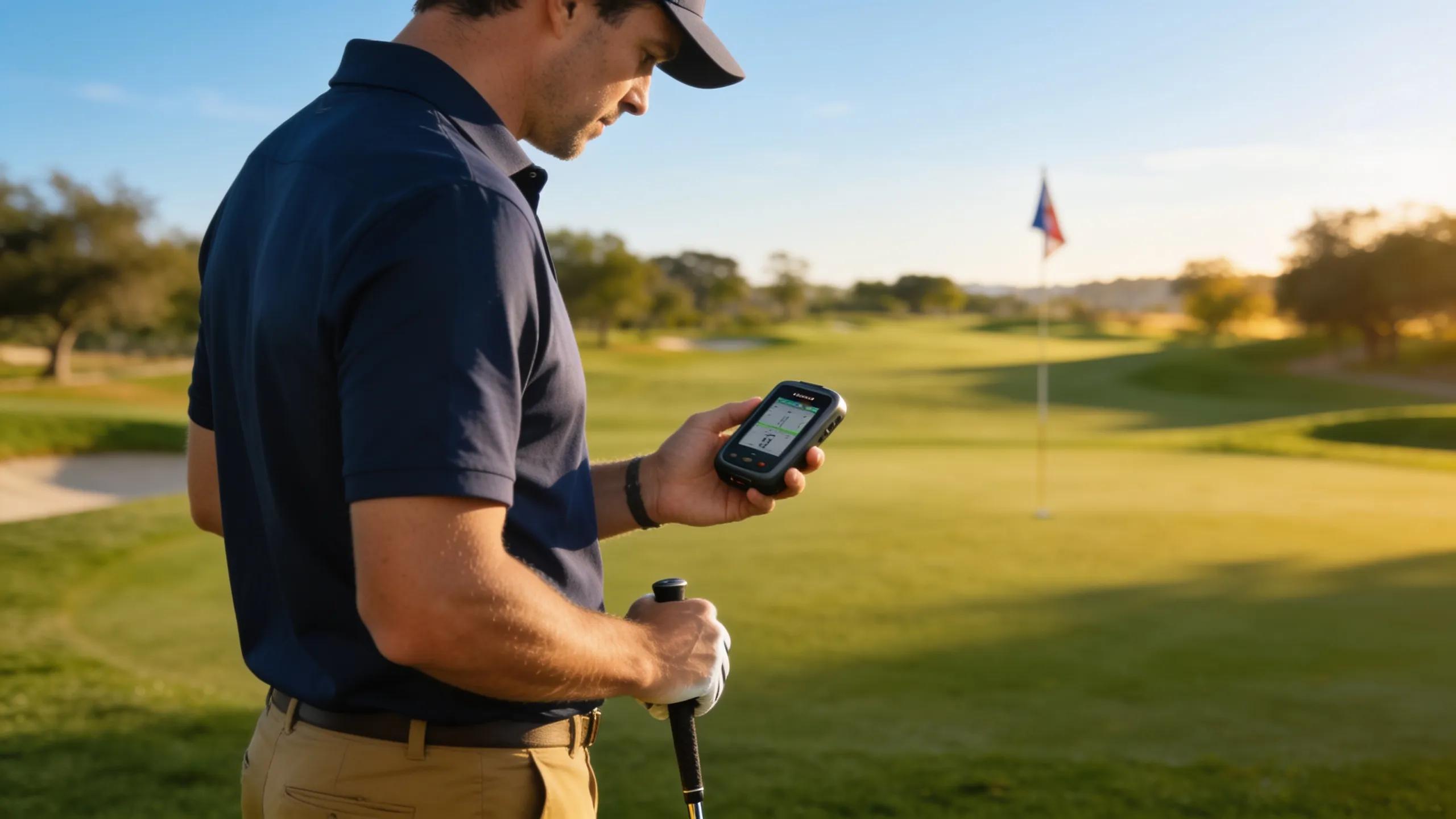 Golfer using a GPS device on the course to enhance their strategic decision-making and shot planning