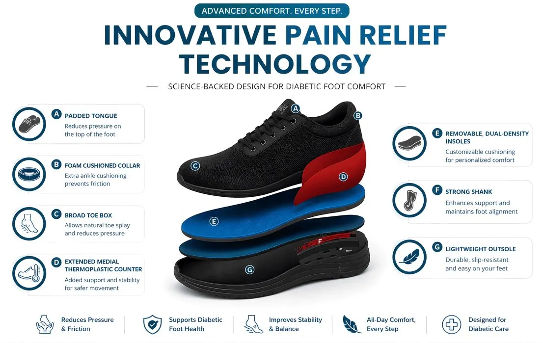 Stylish diabetic shoes designed for arthritis patients, emphasizing cushioning and comfort features