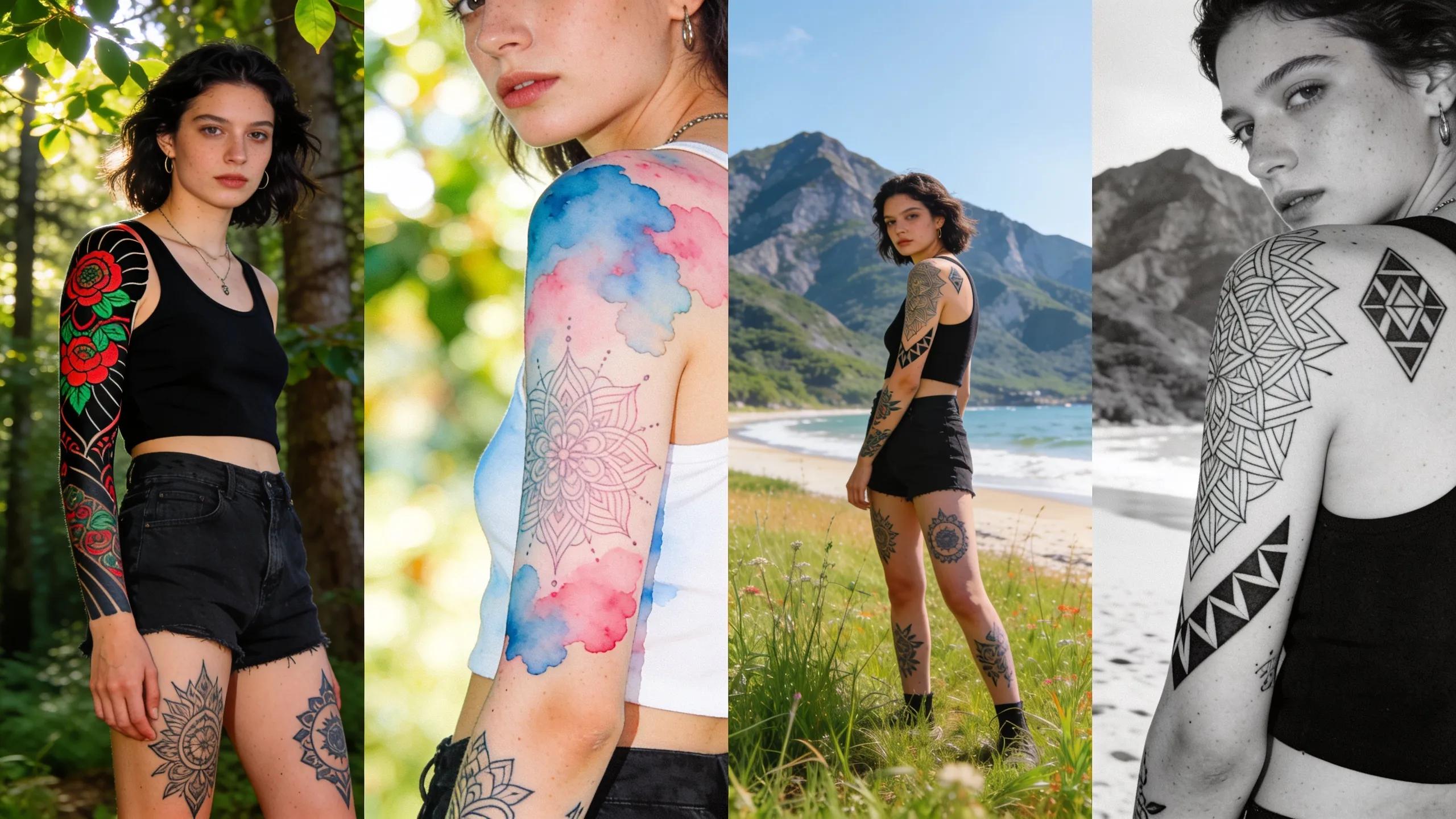 Collage of popular tattoo styles including traditional, watercolor, fine line, and geometric tattoos