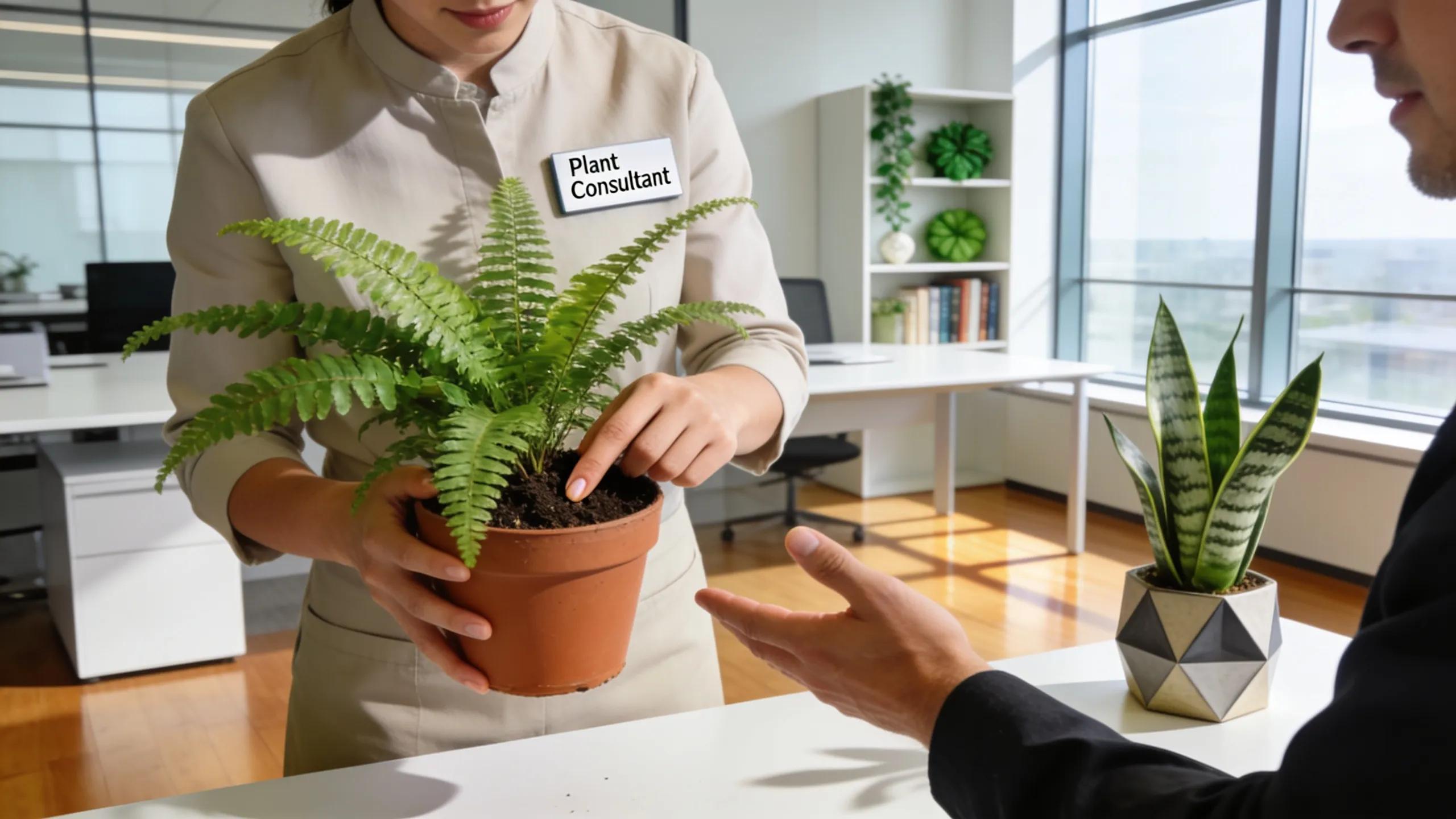 Professional services showcasing expert installation and arrangement of indoor plant vessels in a modern space