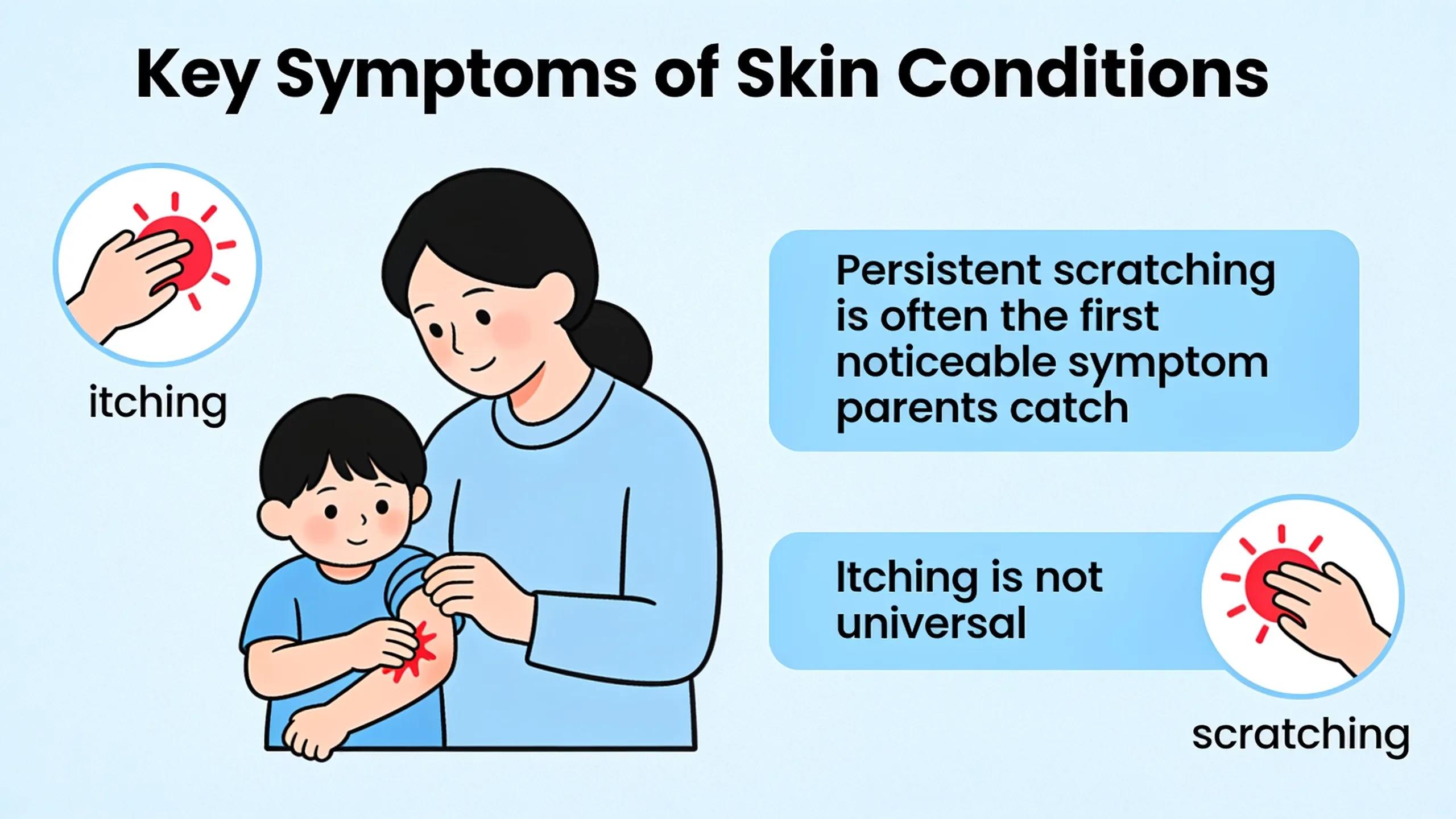 Persistent scratching is often the first noticeable symptom parents catch.; Itching is not universal