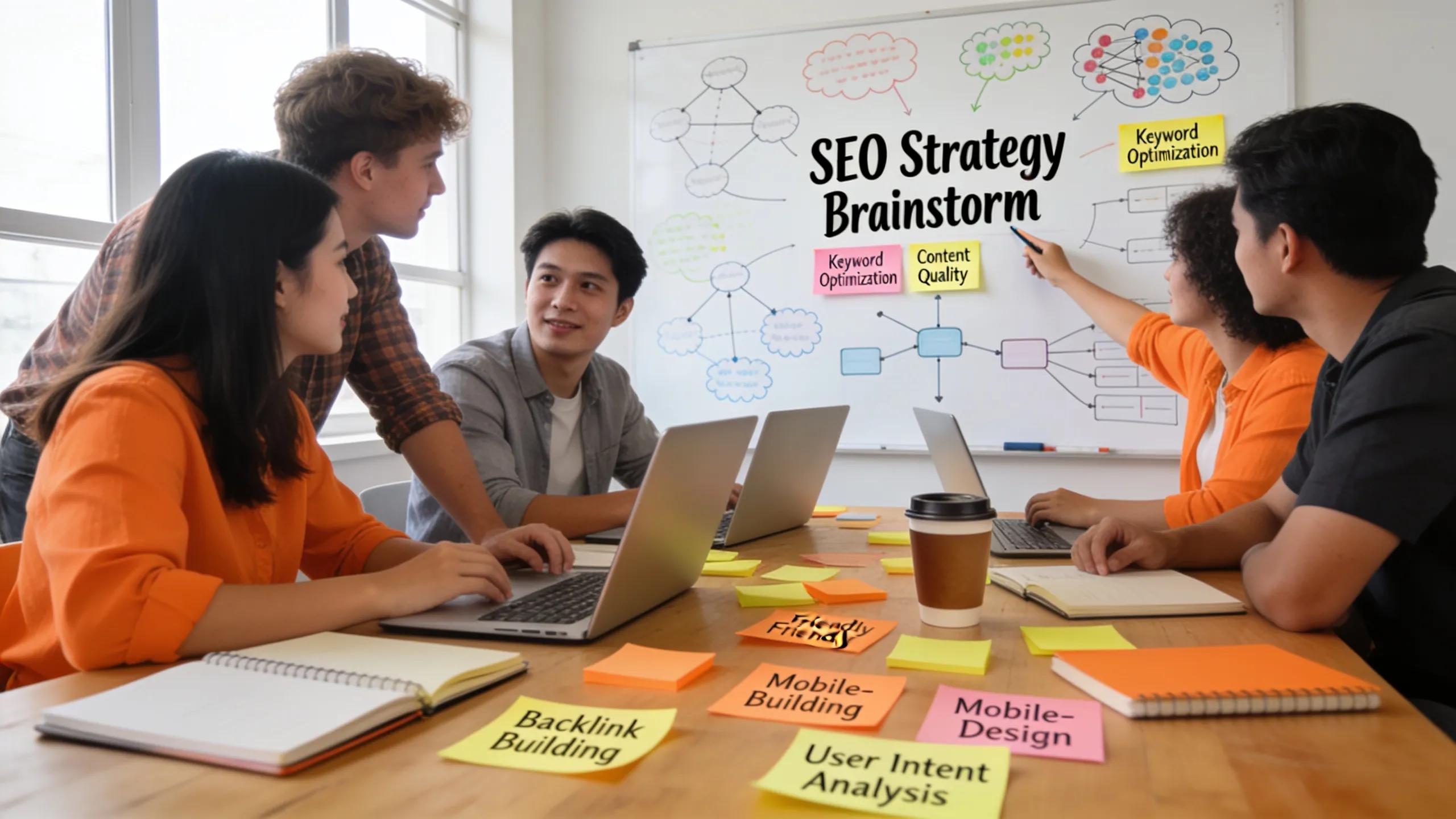 Digital marketing team brainstorming SEO strategies to enhance visibility