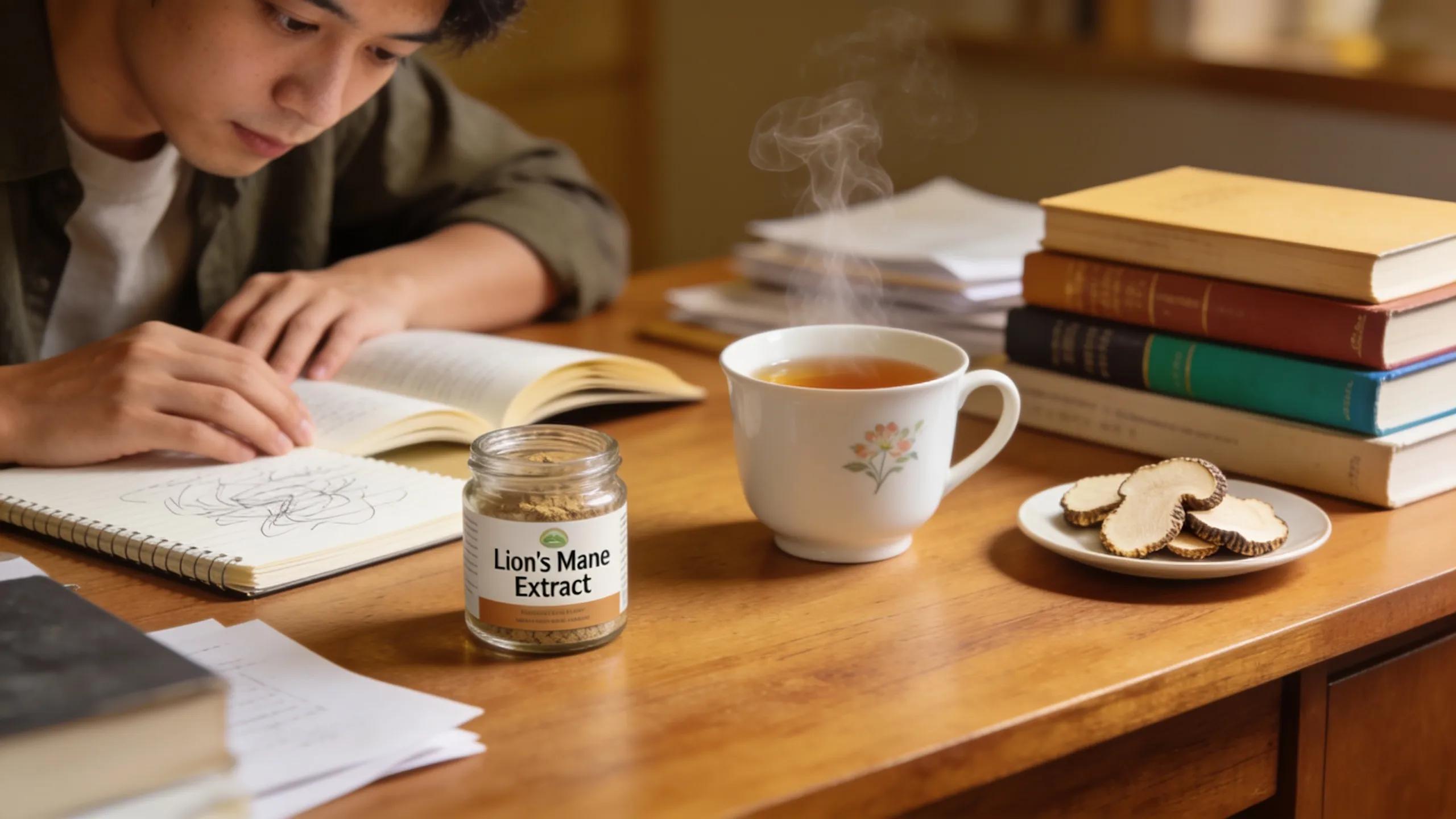 Individual focused on studying with Lion's Mane mushroom products nearby, illustrating cognitive enhancement and memory improvement