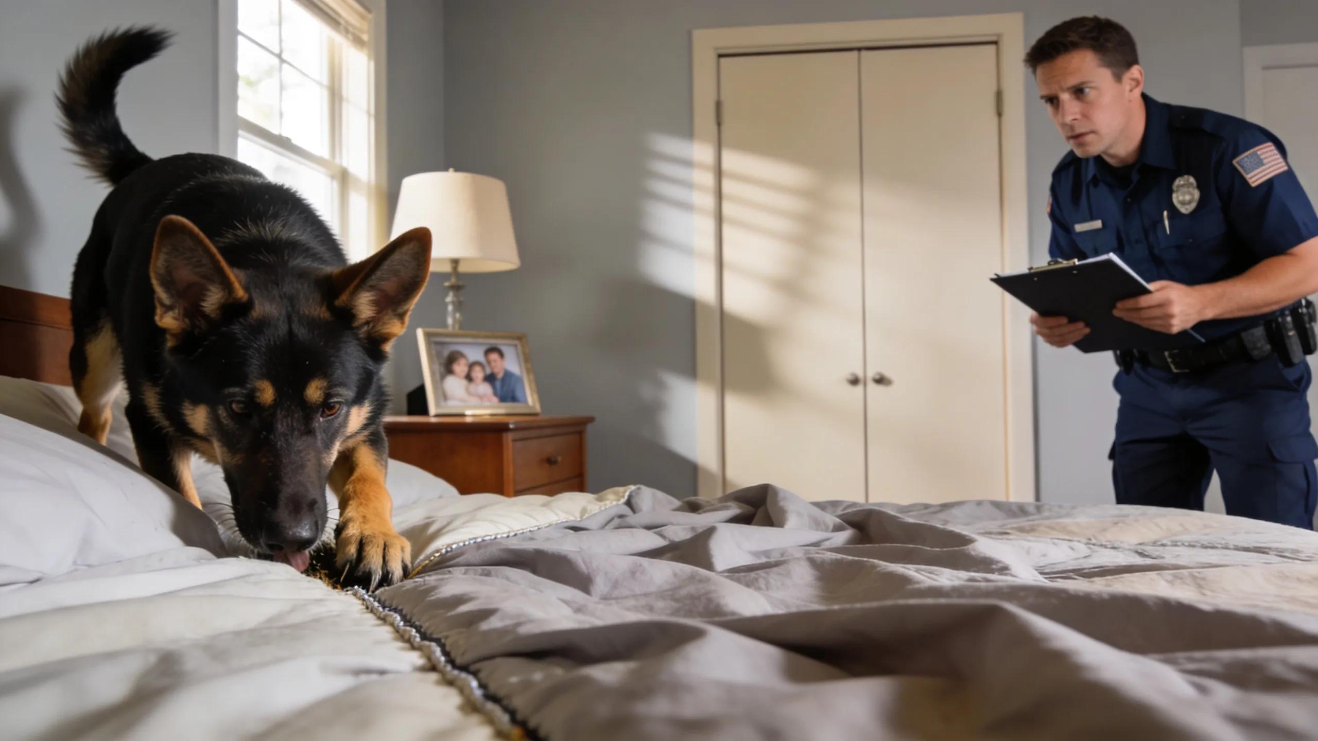 Professional pest control dog conducting a canine inspection for bed bugs in a home