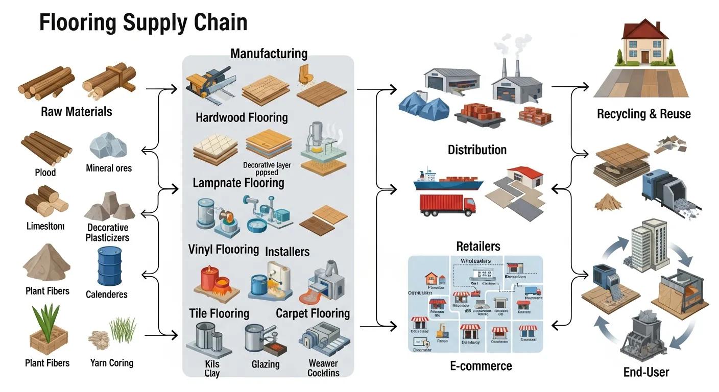 Visual diagram of the flooring supply chain from raw materials through manufacture, distribution and recycling
