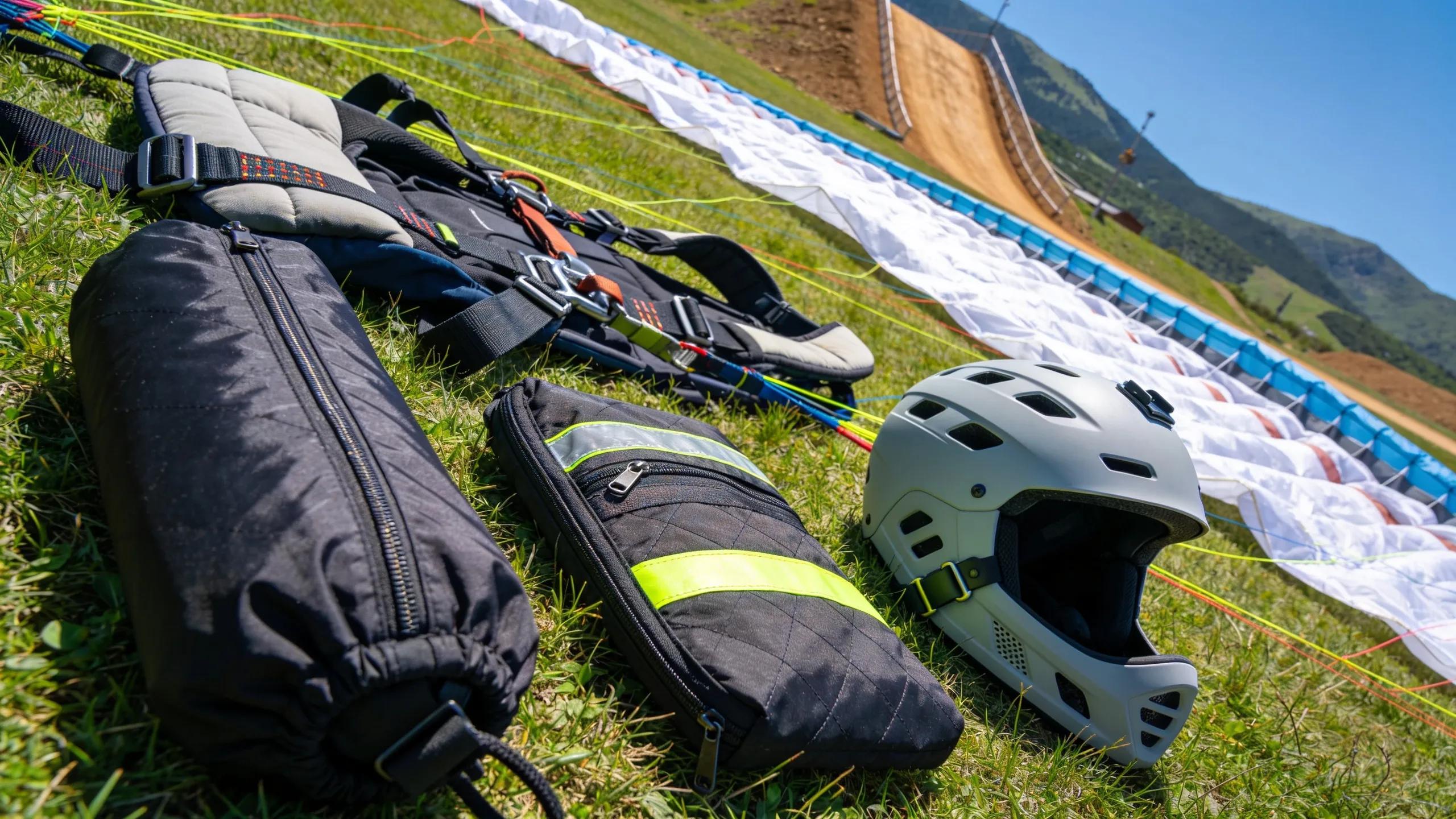 Essential paragliding gear including wing, harness, reserve parachute, and helmet laid out in a launch site setting