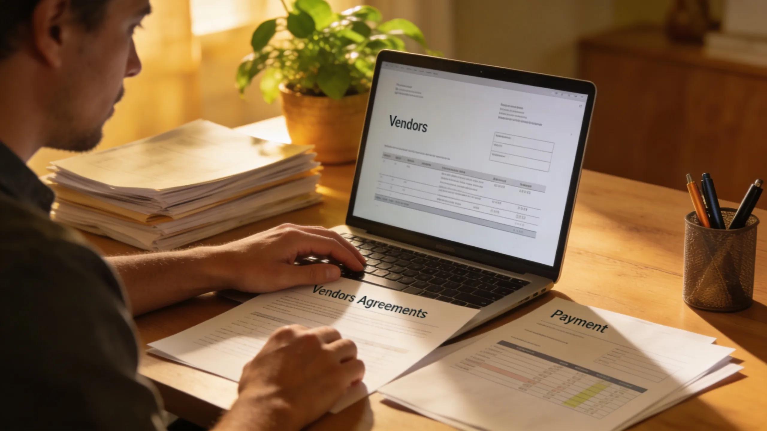 Business owner reviewing vendor agreements to strengthen credit profile Business owner reviewing vendor agreements to strengthen credit profile