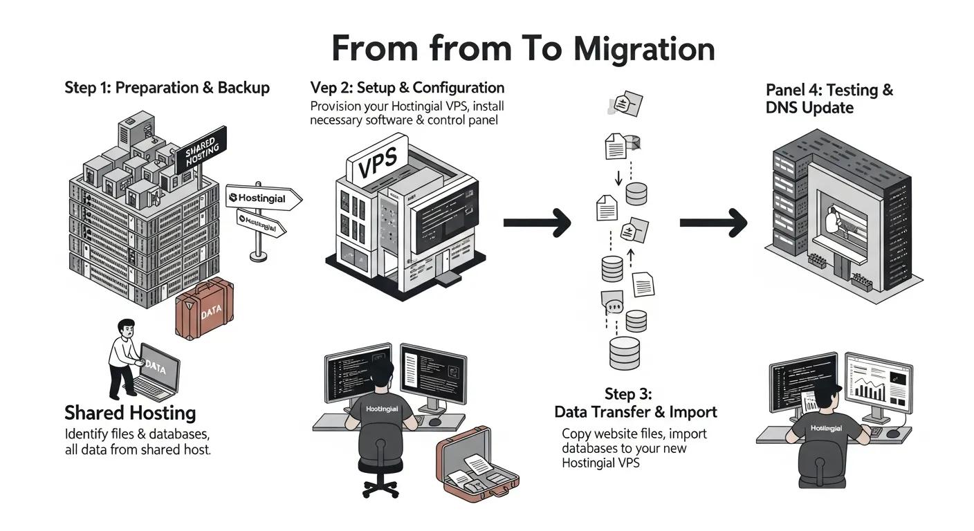 Step-by-step migration illustration for moving from shared hosting to a VPS with Hostingial