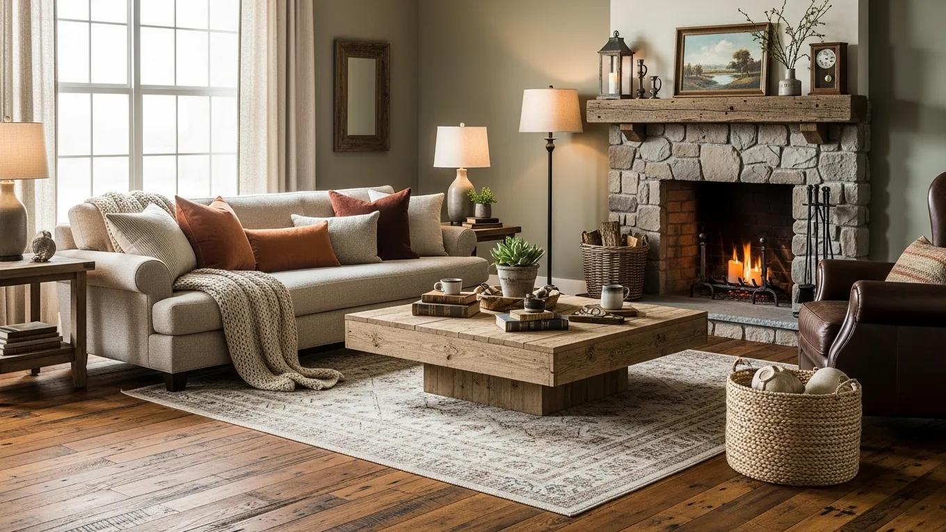 Cozy living room showcasing reclaimed wood floors with rich texture and rustic decor