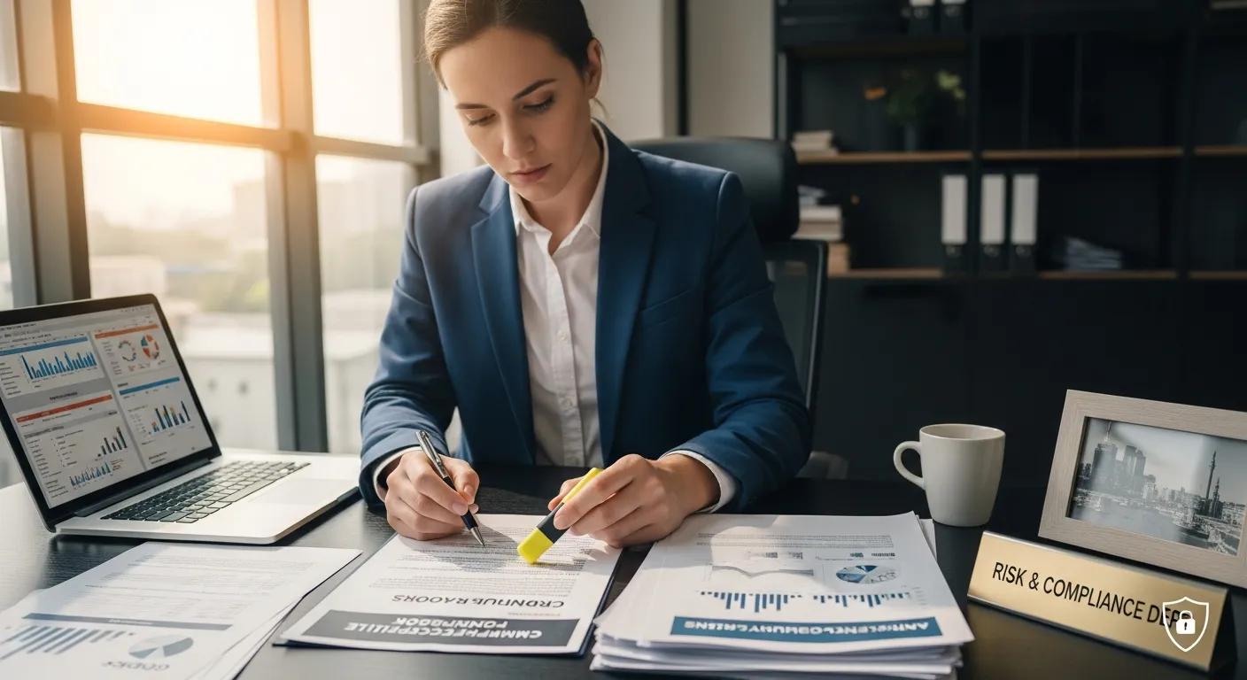 Compliance officer reviewing documents and regulations, highlighting the importance of compliance measures in business