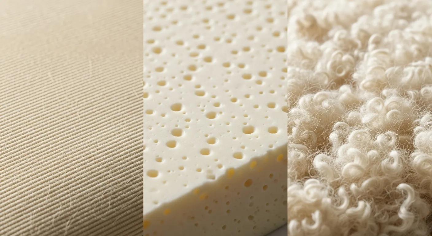Close-up textures of bamboo, natural latex and organic wool mattress toppers, highlighting natural materials