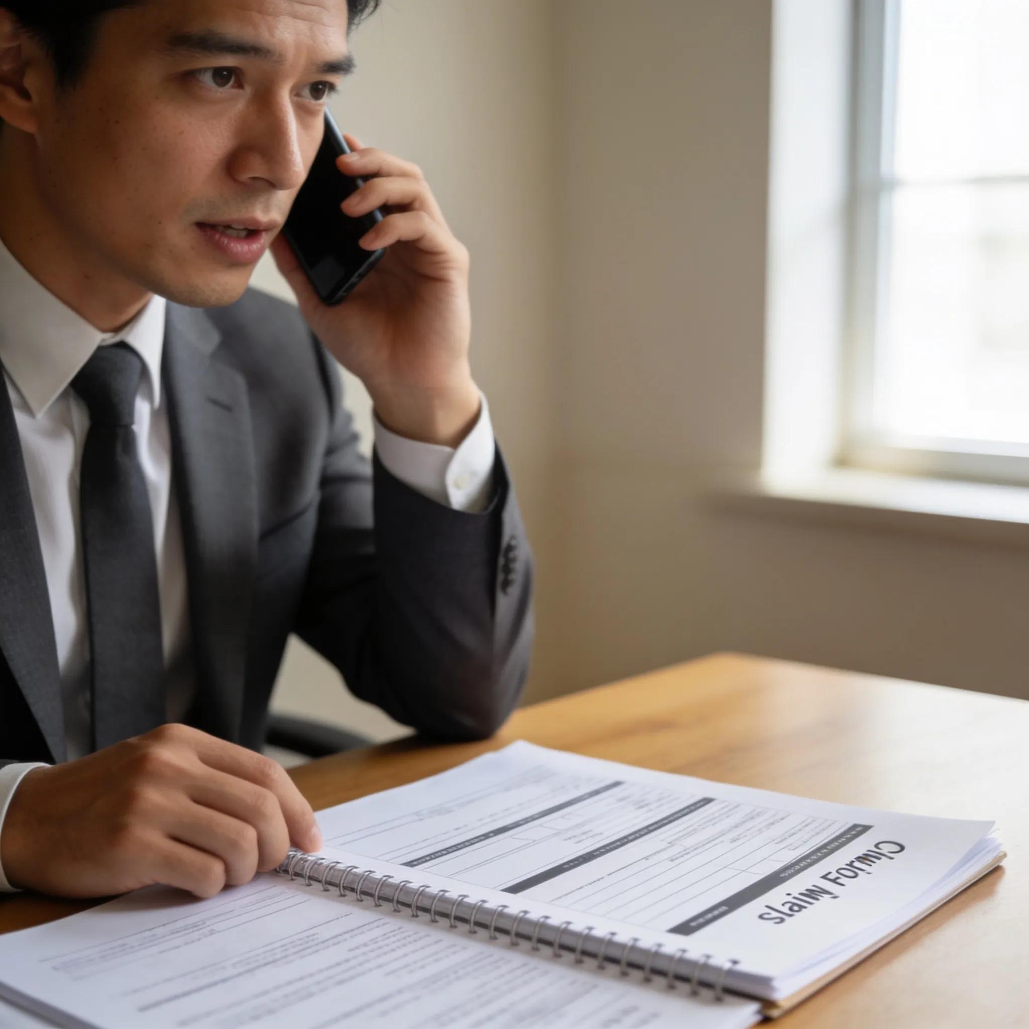 Business professional discussing insurance claim process on the phone