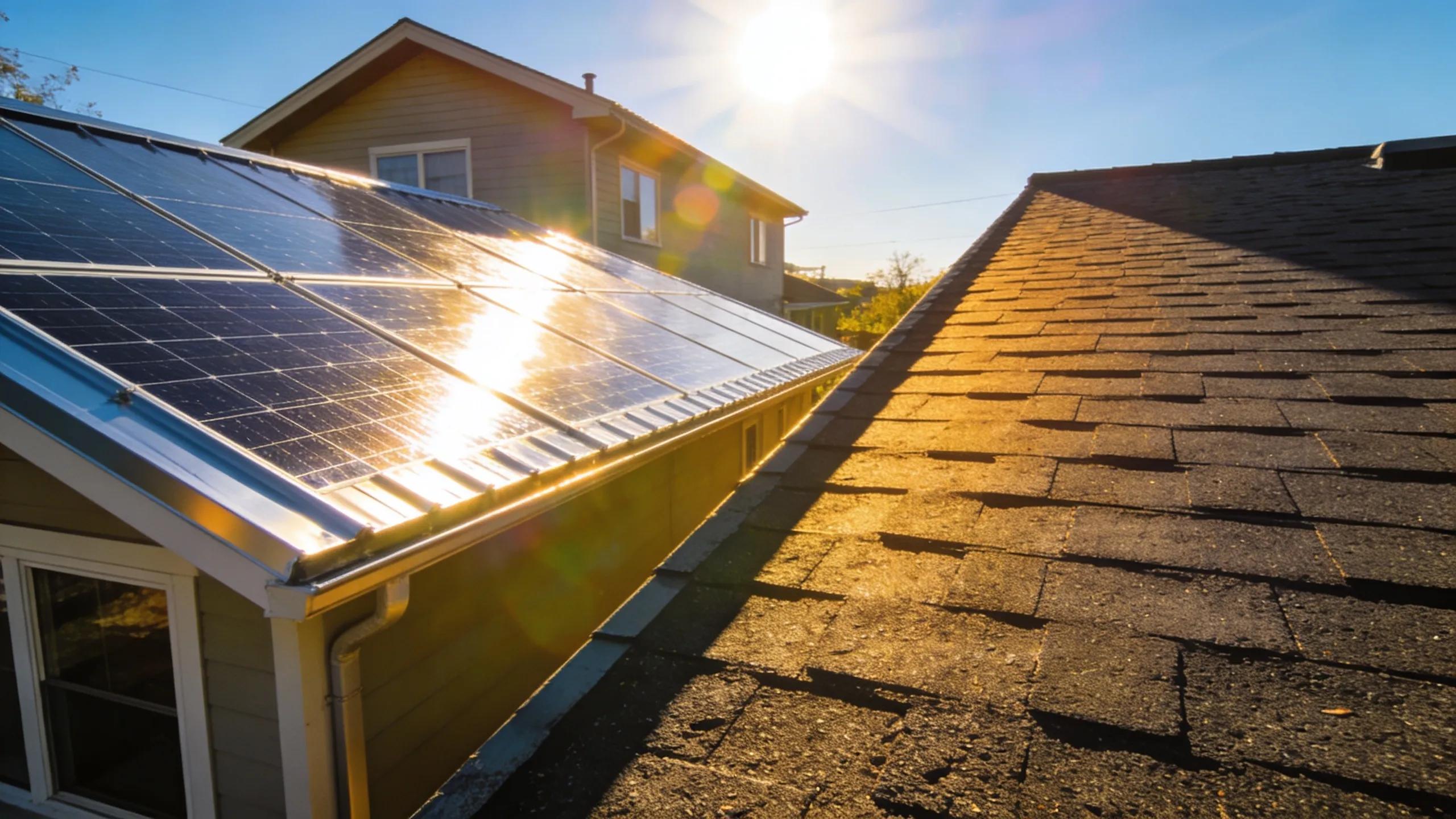 A reflective metal roof next to an asphalt roof on a sunny day, illustrating energy performance differences