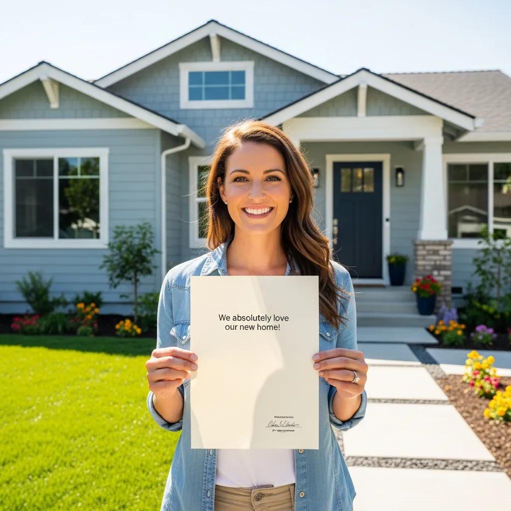 Happy homeowner holding a testimonial letter in front of their renovated house