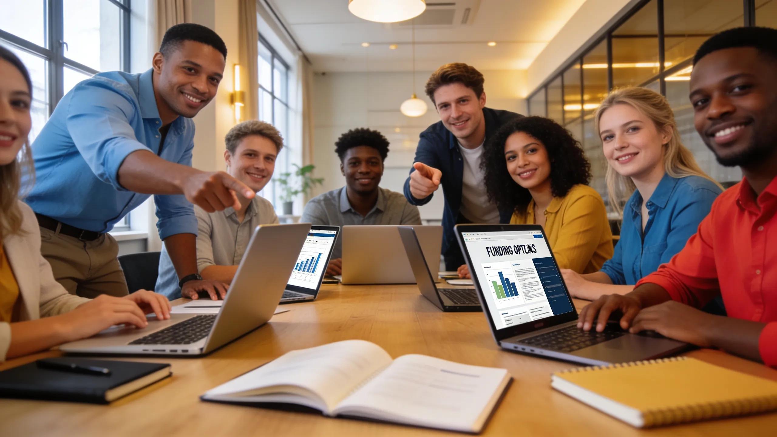 Group of diverse entrepreneurs discussing startup funding strategies in a modern office environment