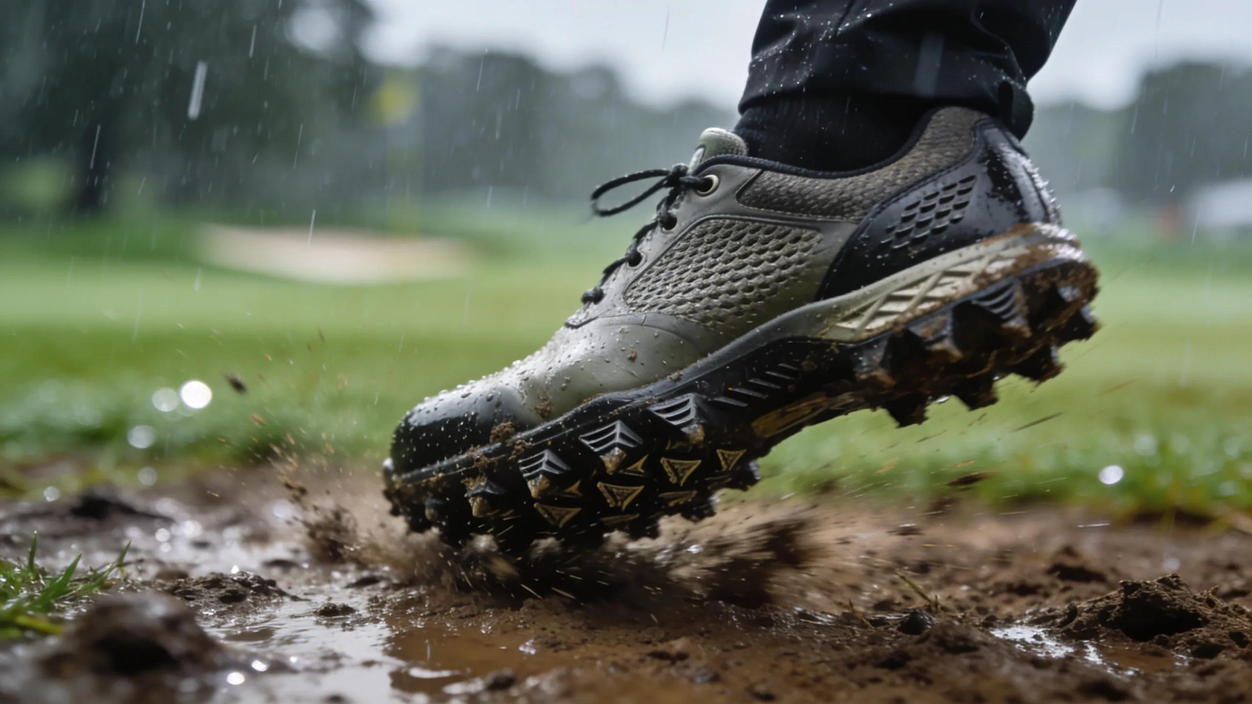 Close-up of waterproof golf shoes with traction details on muddy course