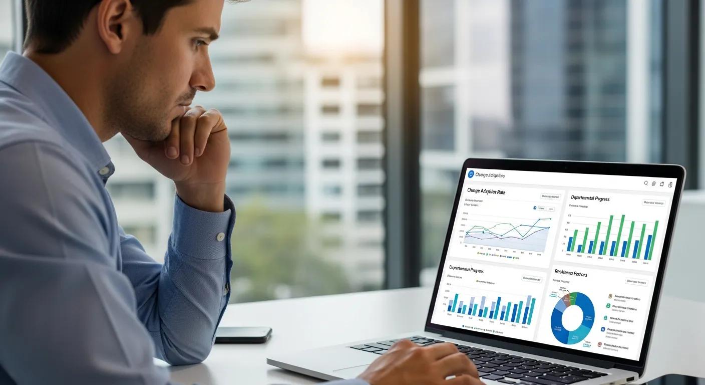 Man analyzing change management metrics on a laptop with graphs and charts in a modern office setting.